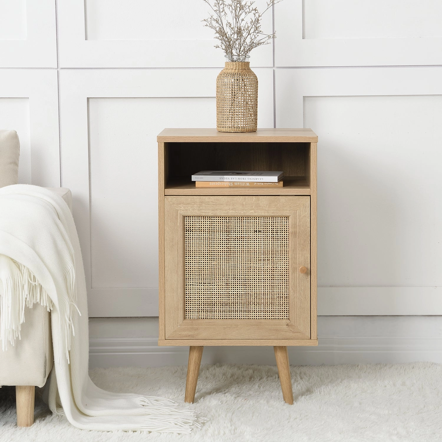 Frances Woven Rattan 1-Door Bedside Table in Natural Colour