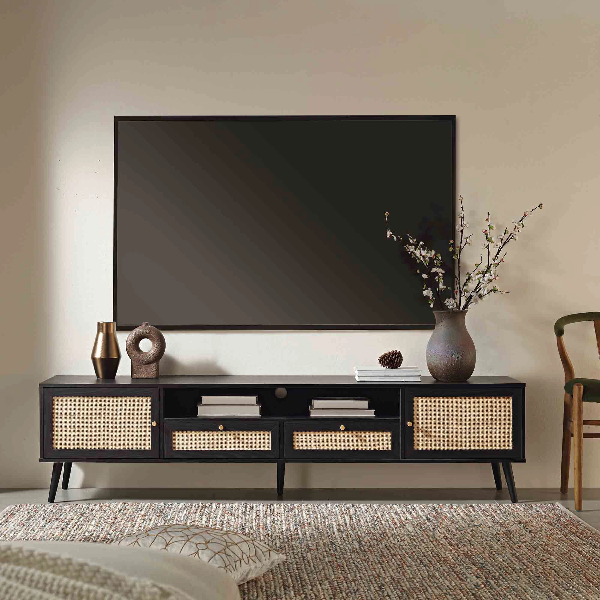Frances Woven Rattan 200cm Wide TV Unit, Black