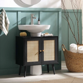 Frances Woven Rattan 2-Door Bathroom Undersink Unit, Black