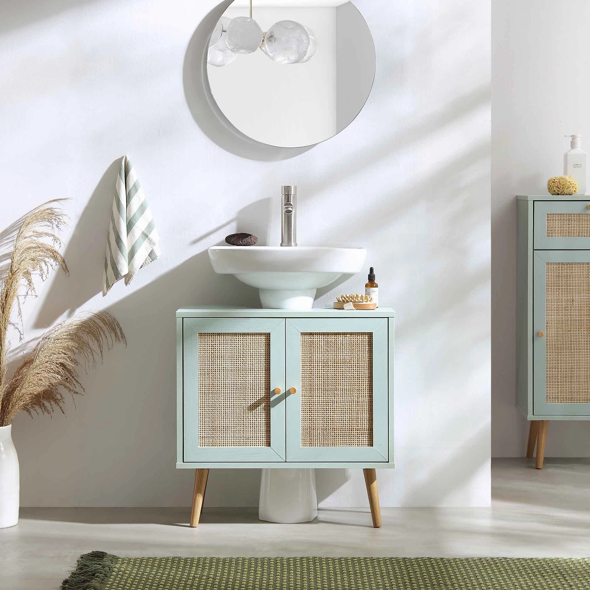 Frances Woven Rattan 2-Door Bathroom Undersink Unit, Mint Green
