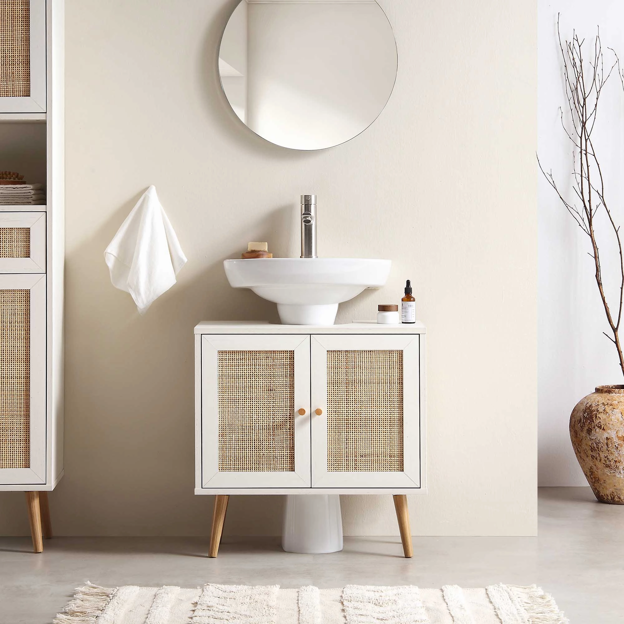 Frances Woven Rattan 2-Door Bathroom Undersink Unit, White