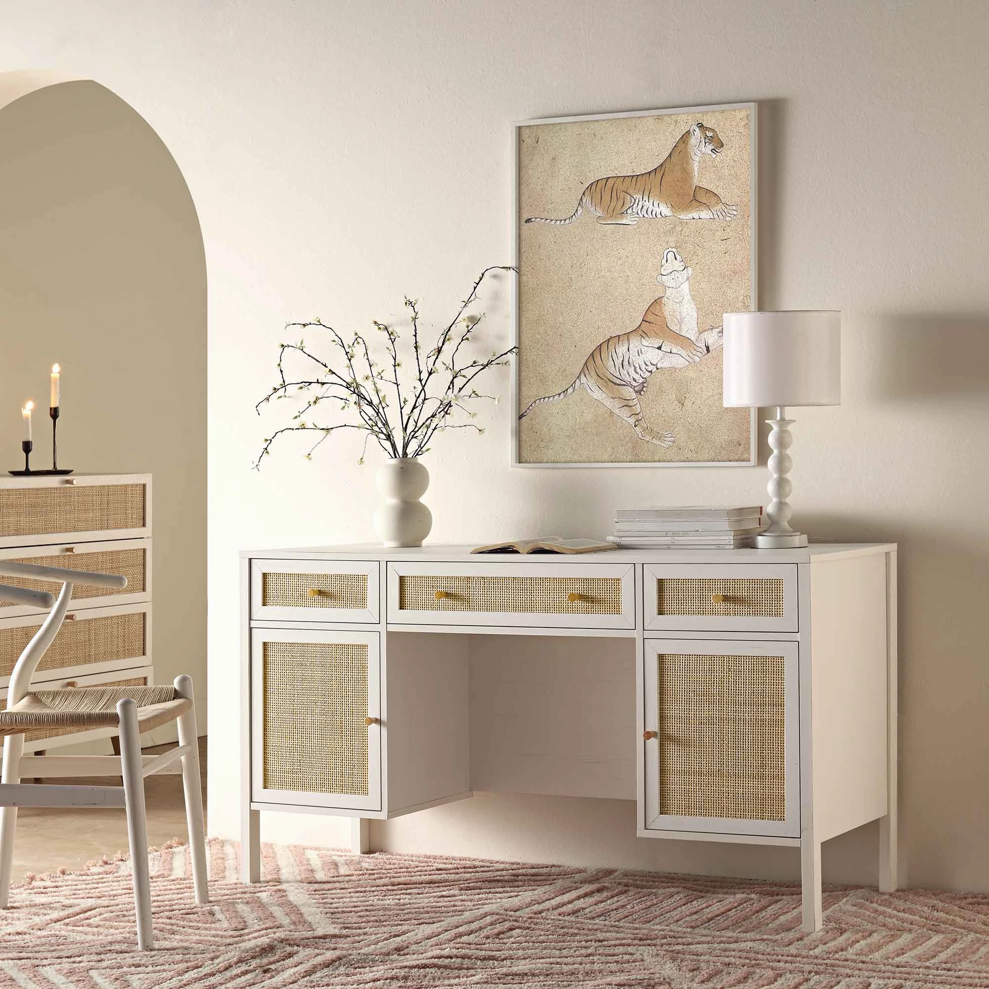 Frances Woven Rattan 3-Drawer Desk, White