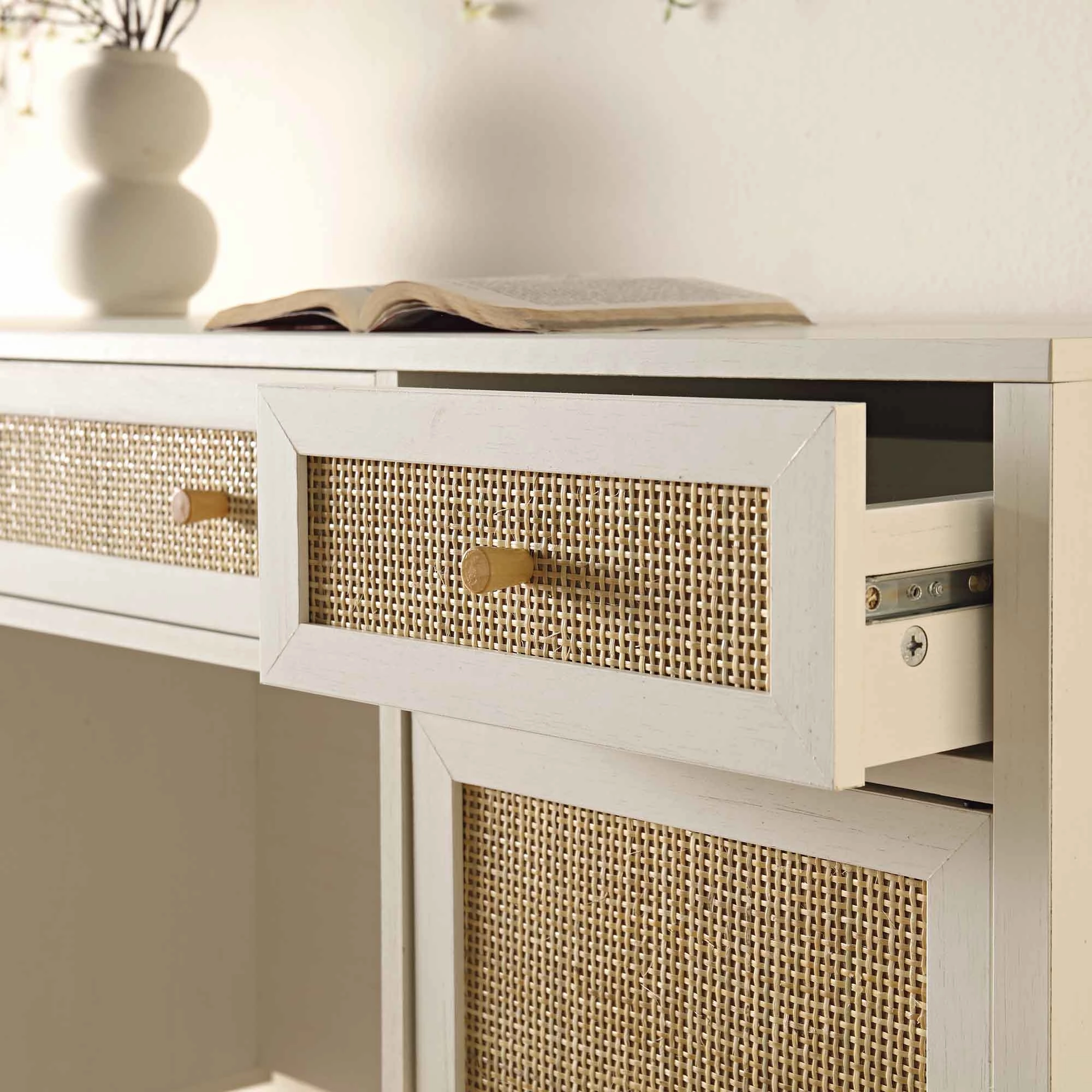 Frances Woven Rattan 3-Drawer Desk, White