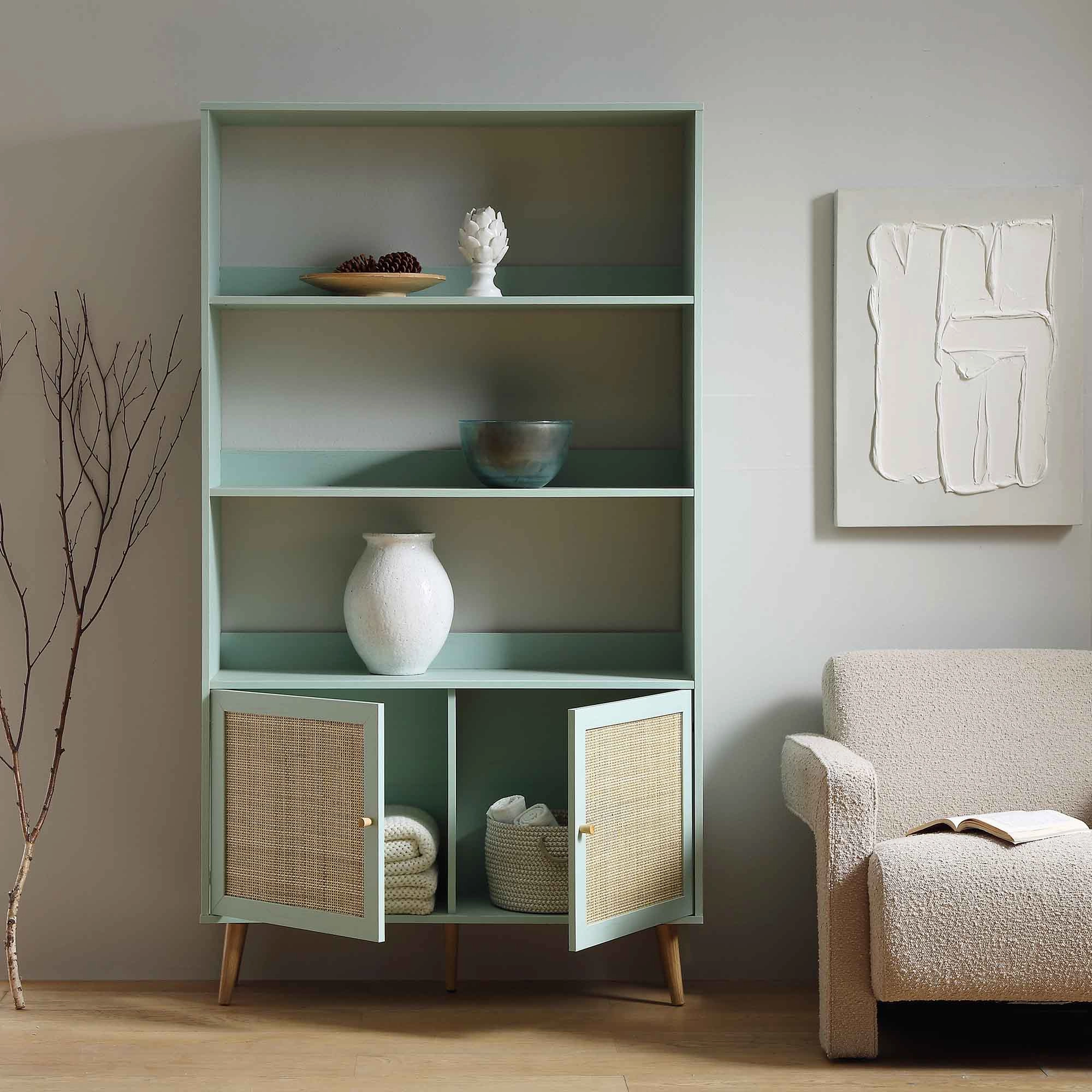 Frances Woven Rattan Bookcase with Doors, Mint
