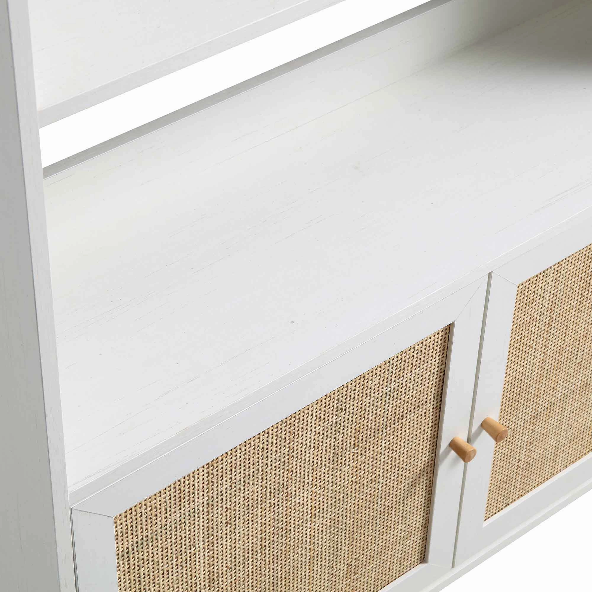 Frances Woven Rattan Bookcase with Doors, White