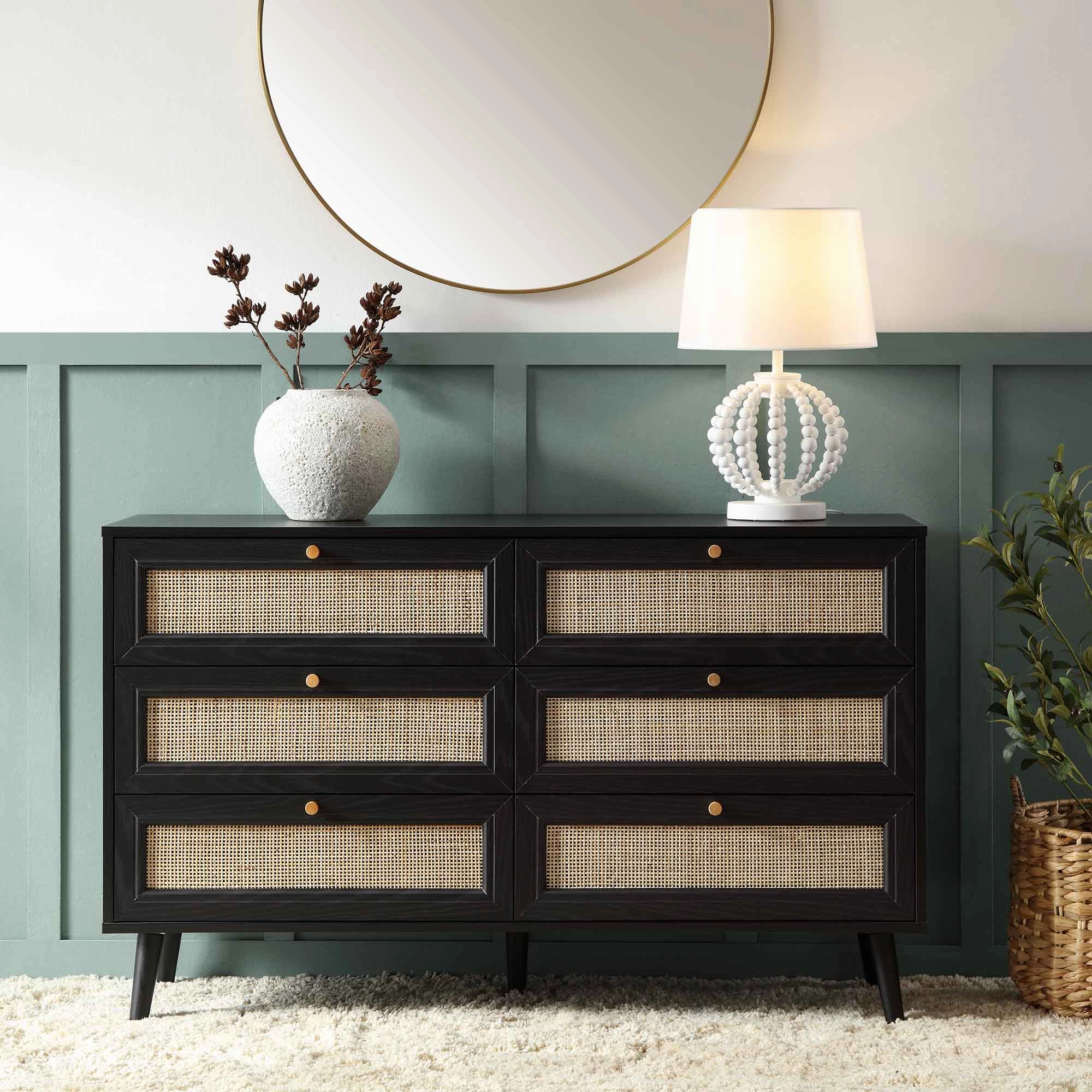Frances Woven Rattan Chest of 6 Drawers, Black