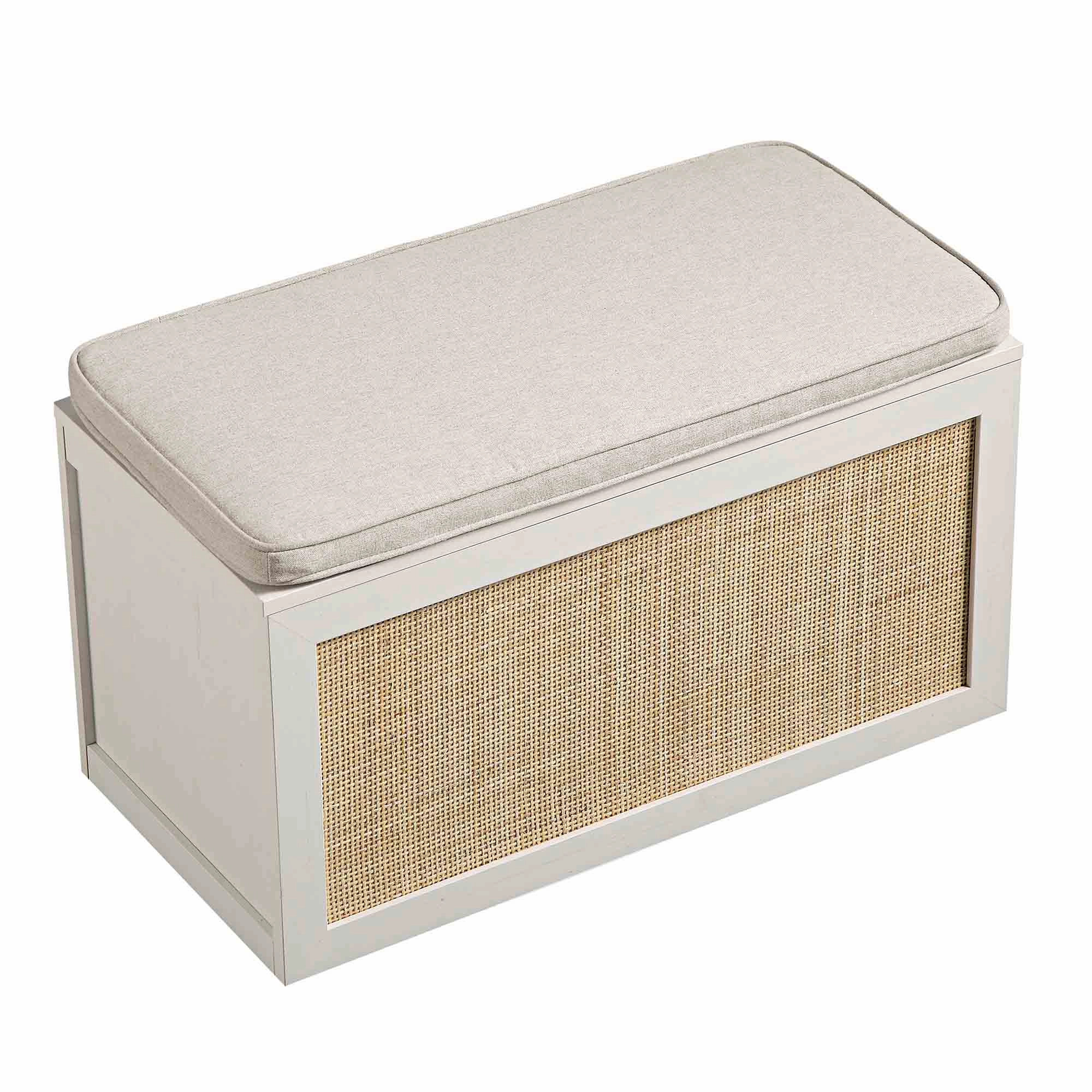 Frances Woven Rattan Double Storage Stool with Cushion, White