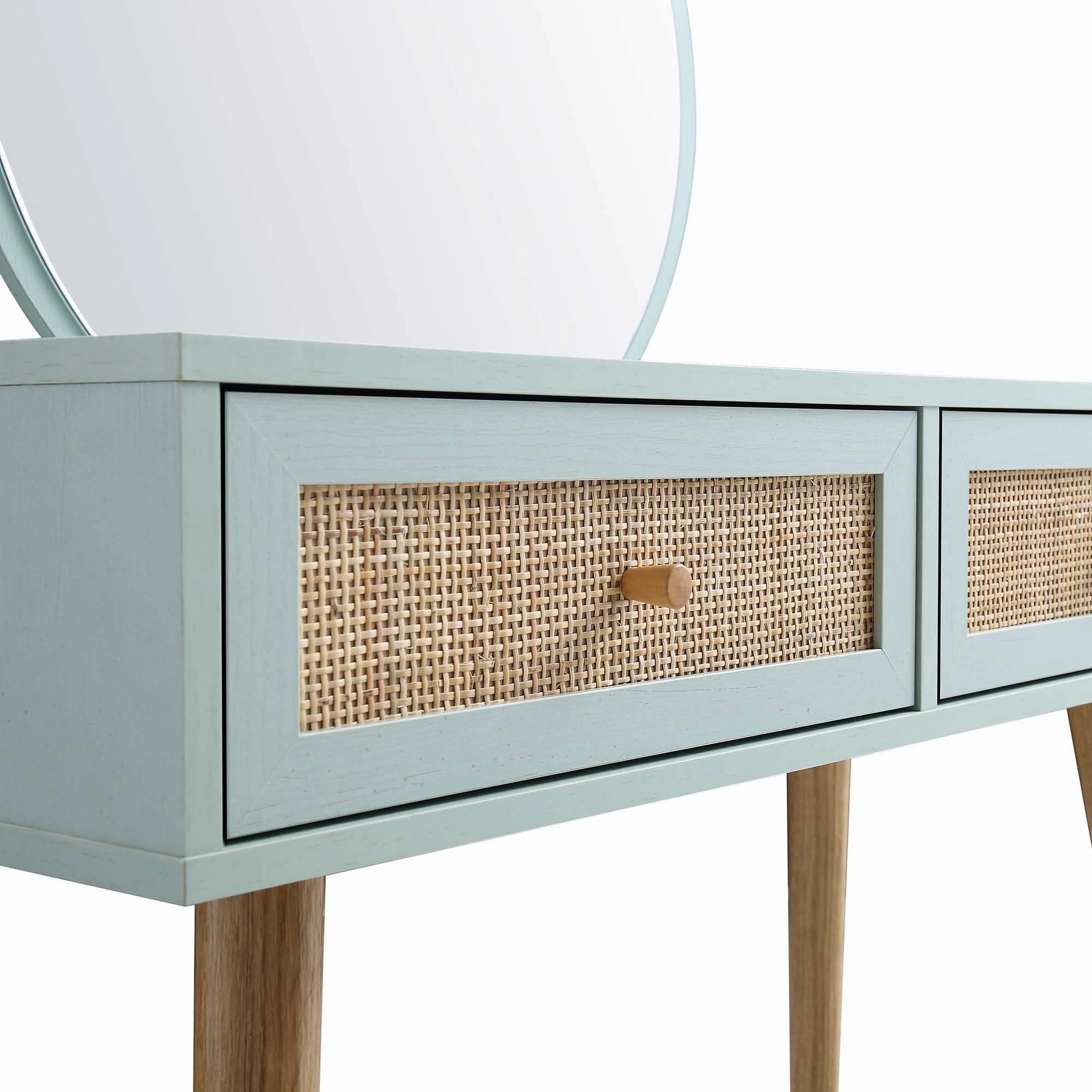 Frances Woven Rattan Dressing Table with Mirror, Mint
