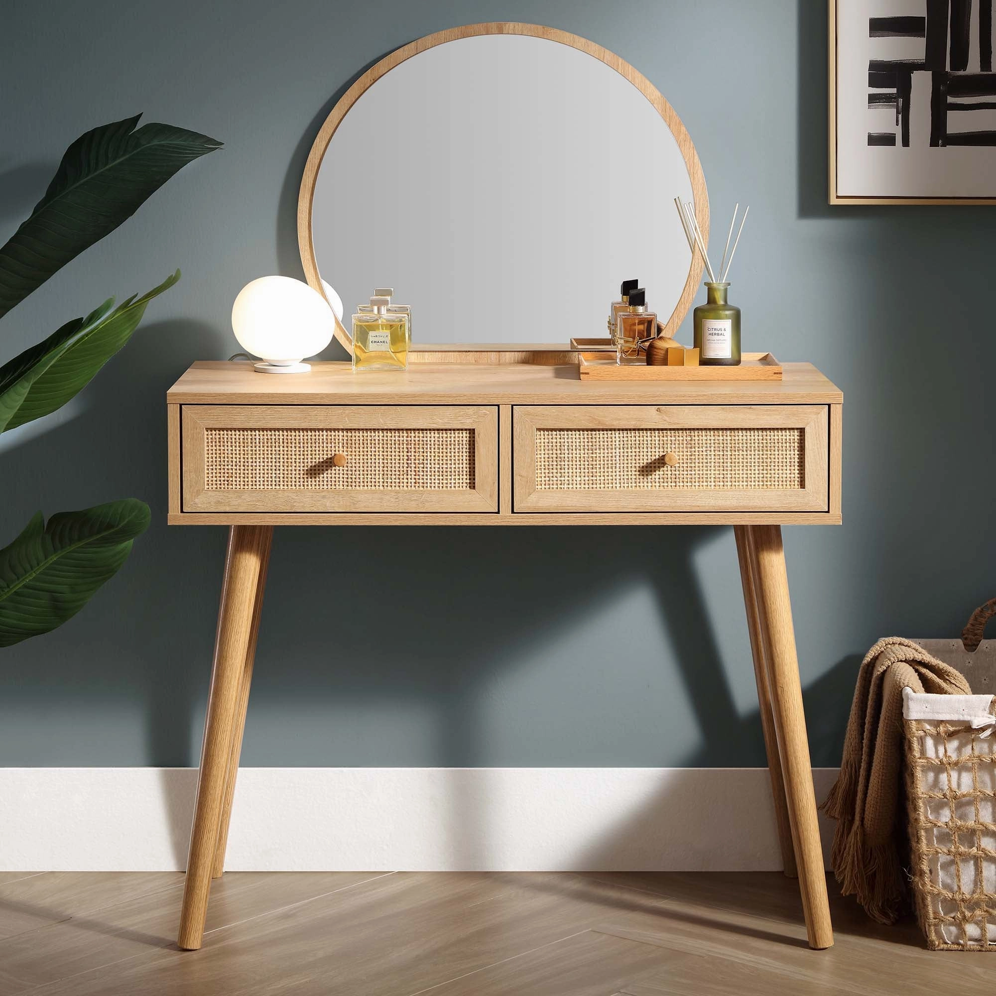 Frances Woven Rattan Dressing Table with Mirror, Natural