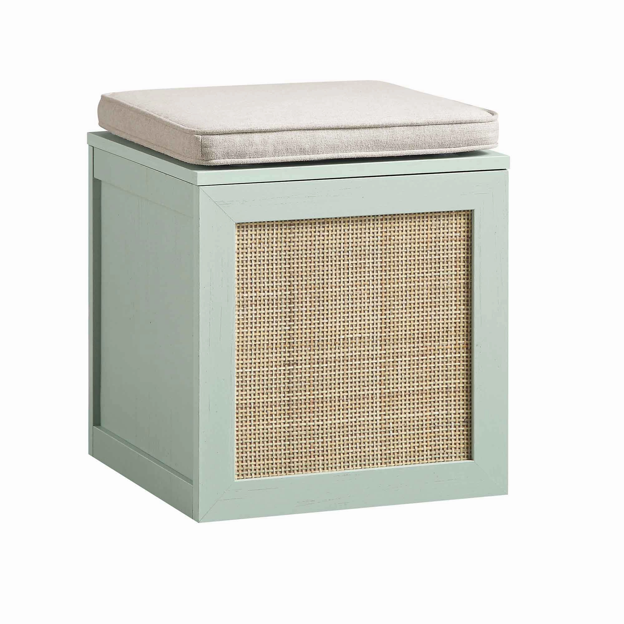 Frances Woven Rattan Single Storage Stool with Cushion, Mint