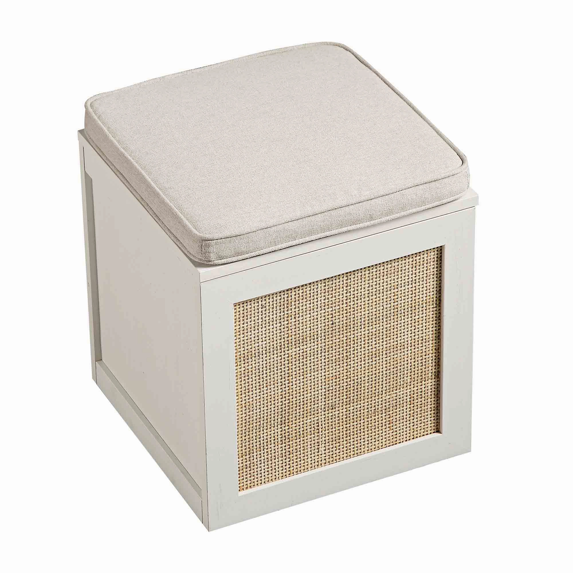 Frances Woven Rattan Single Storage Stool with Cushion, White