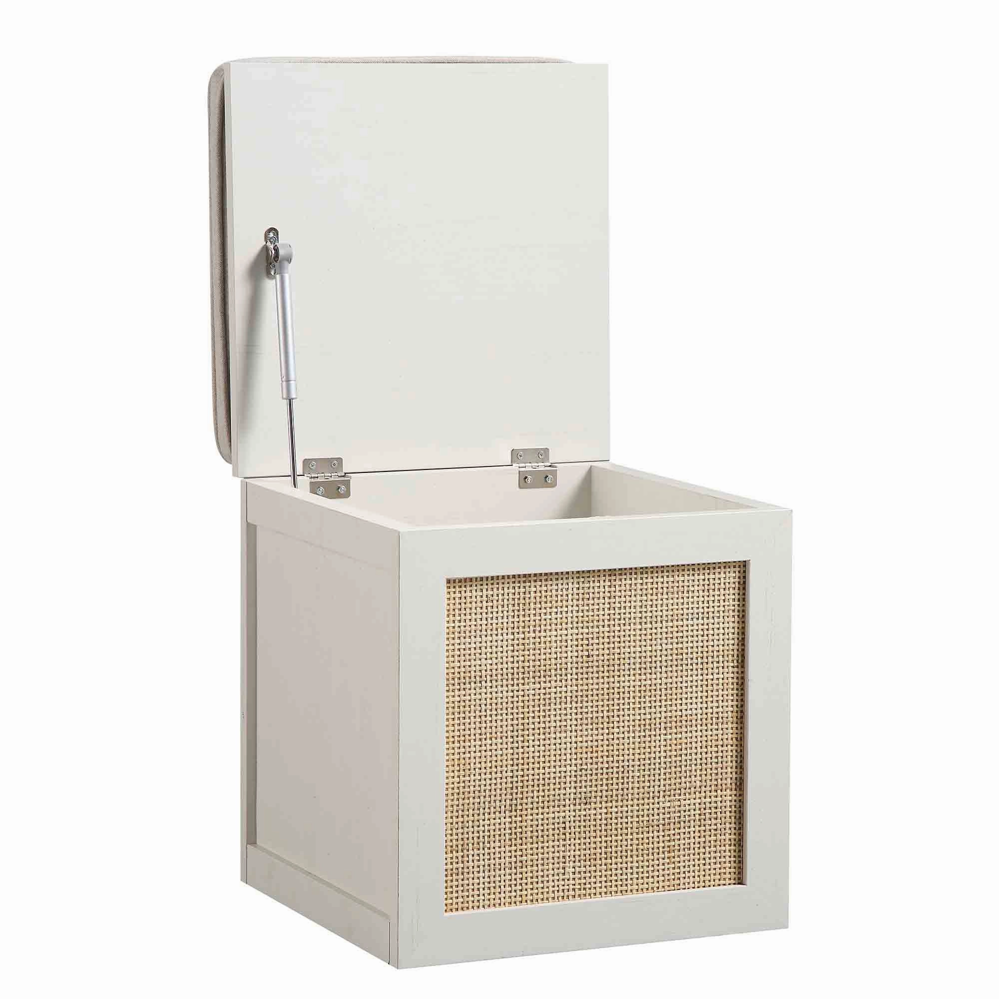 Frances Woven Rattan Single Storage Stool with Cushion, White