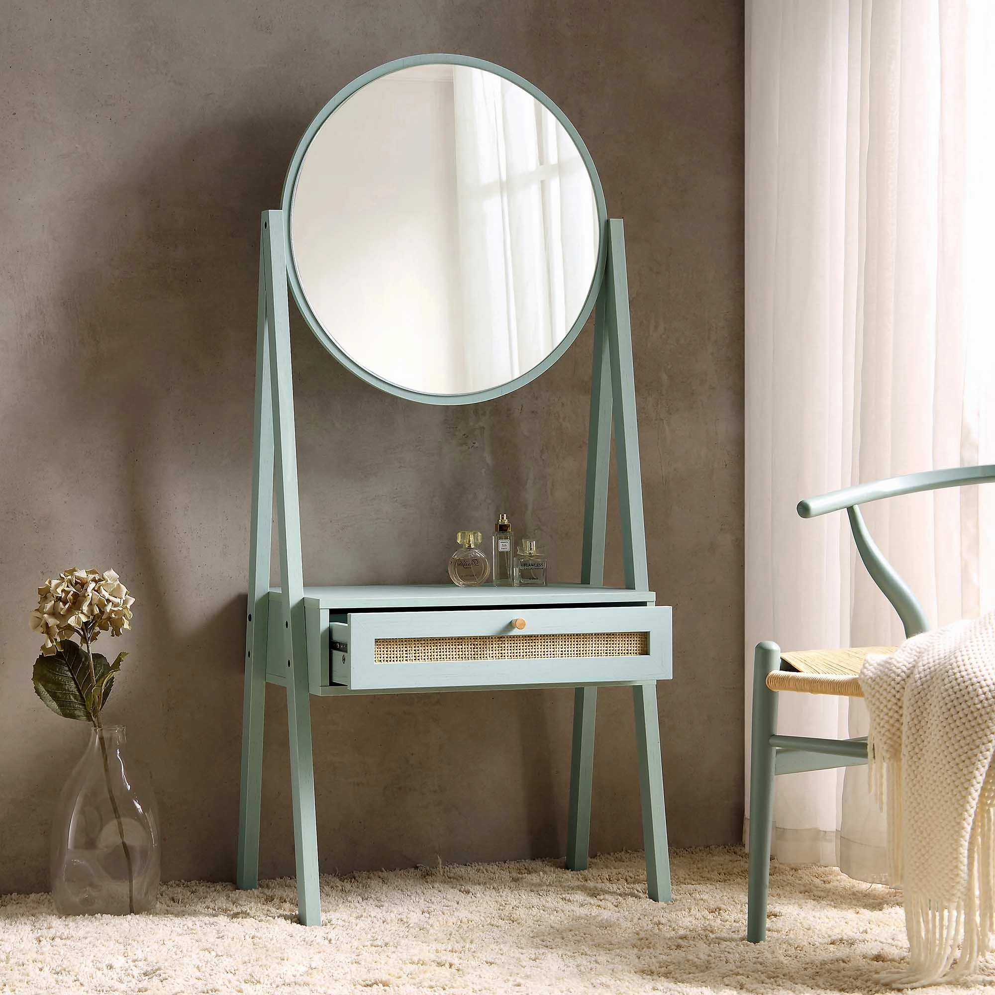 Frances Woven Rattan Standing Dressing Table with Mirror, Mint