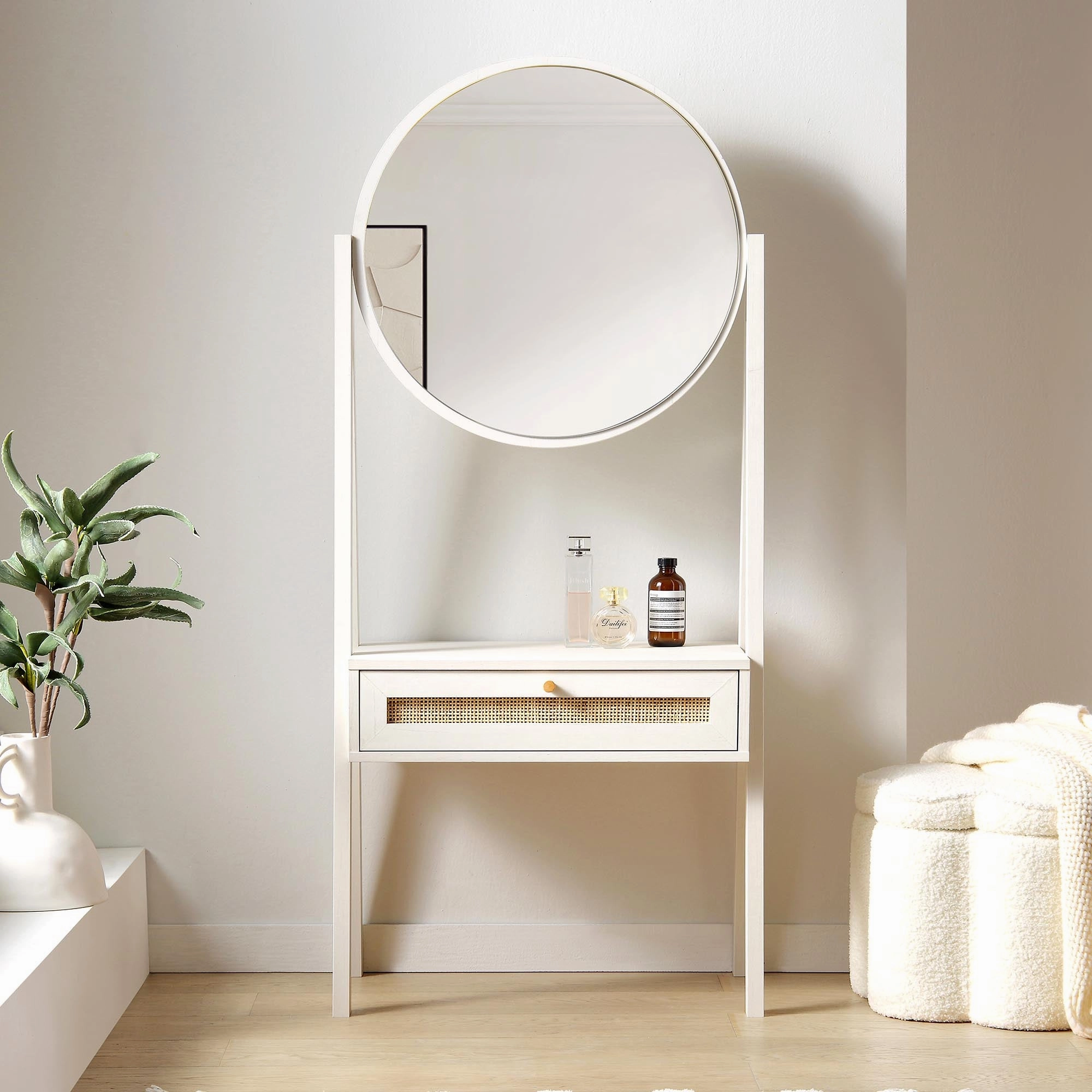 Frances Woven Rattan Standing Dressing Table with Mirror, White