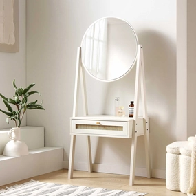Frances Woven Rattan Standing Dressing Table with Mirror, White