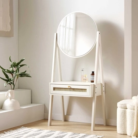 Frances Woven Rattan Standing Dressing Table with Mirror, White