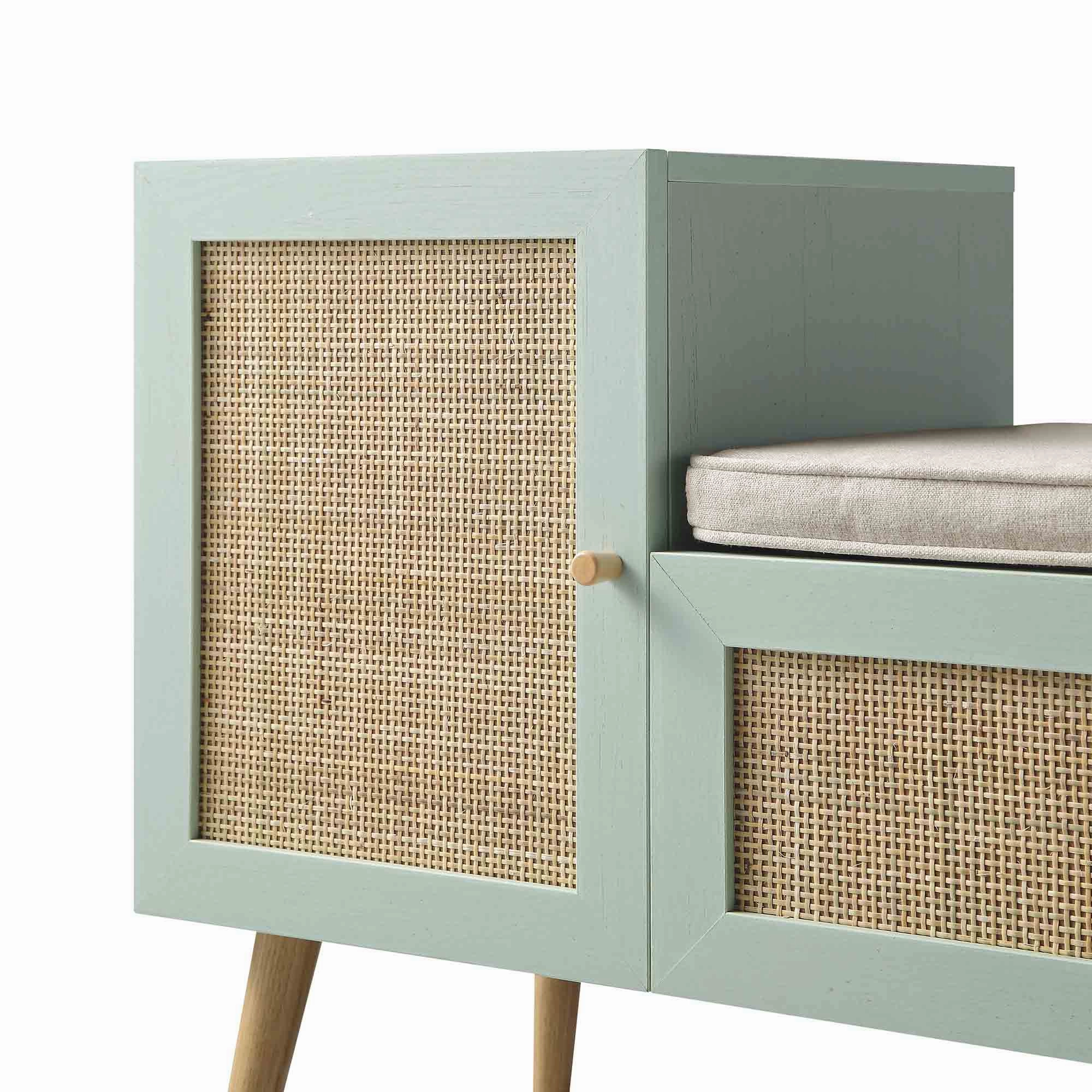 Frances Woven Rattan Storage Bench with Cushion, Mint