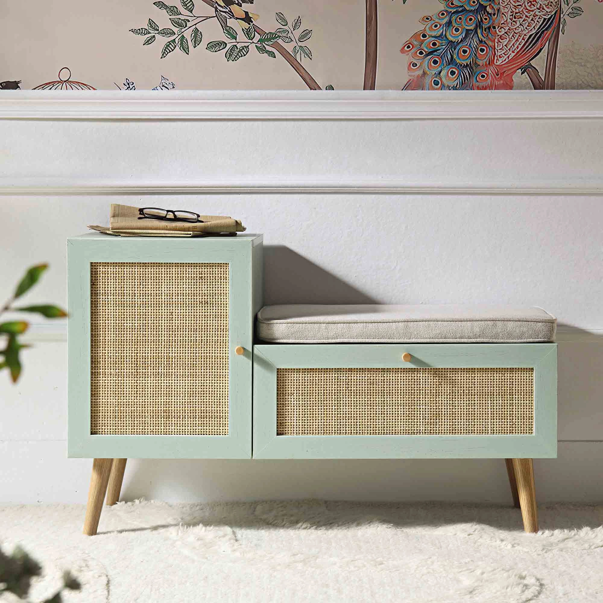 Frances Woven Rattan Storage Bench with Cushion, Mint