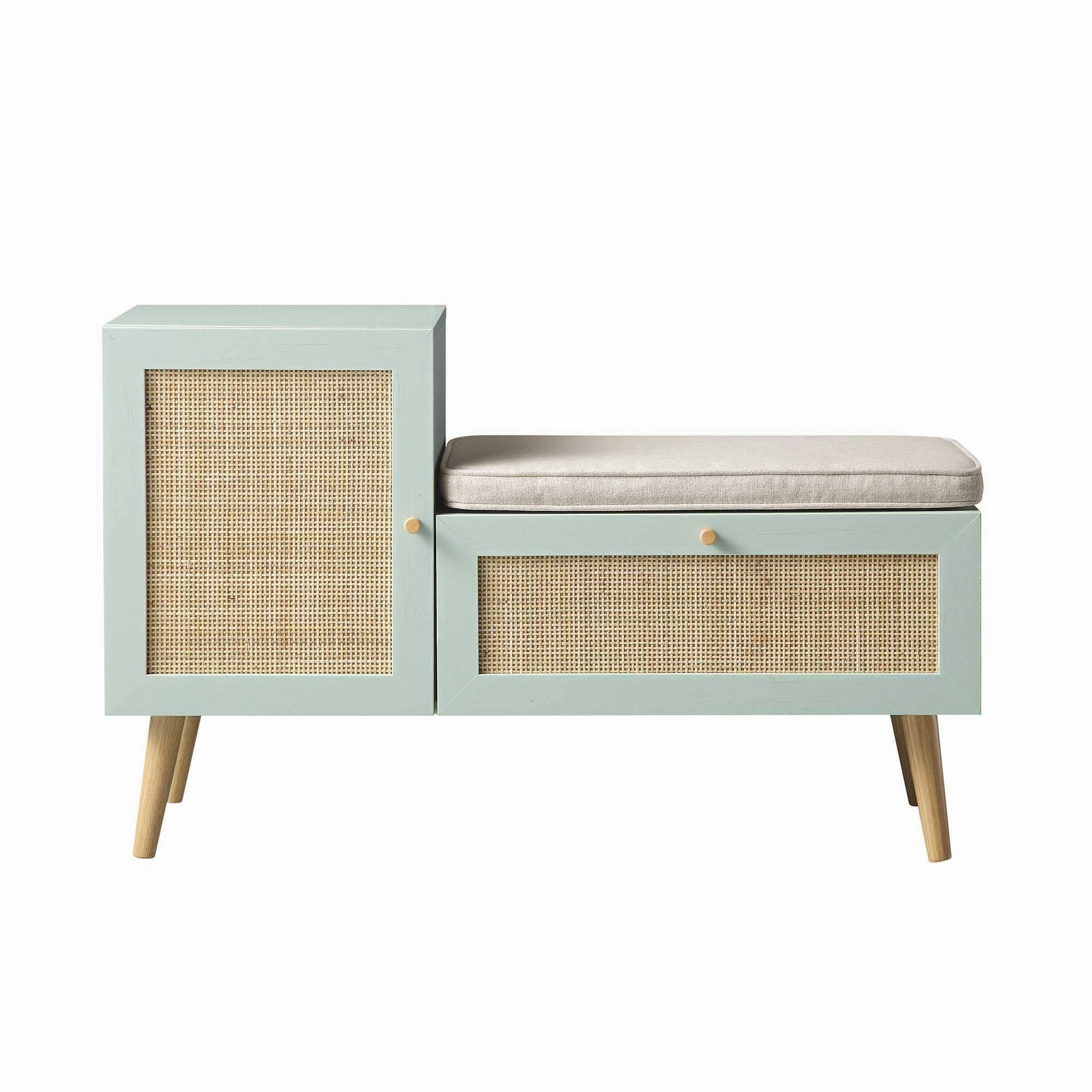 Frances Woven Rattan Storage Bench with Cushion, Mint