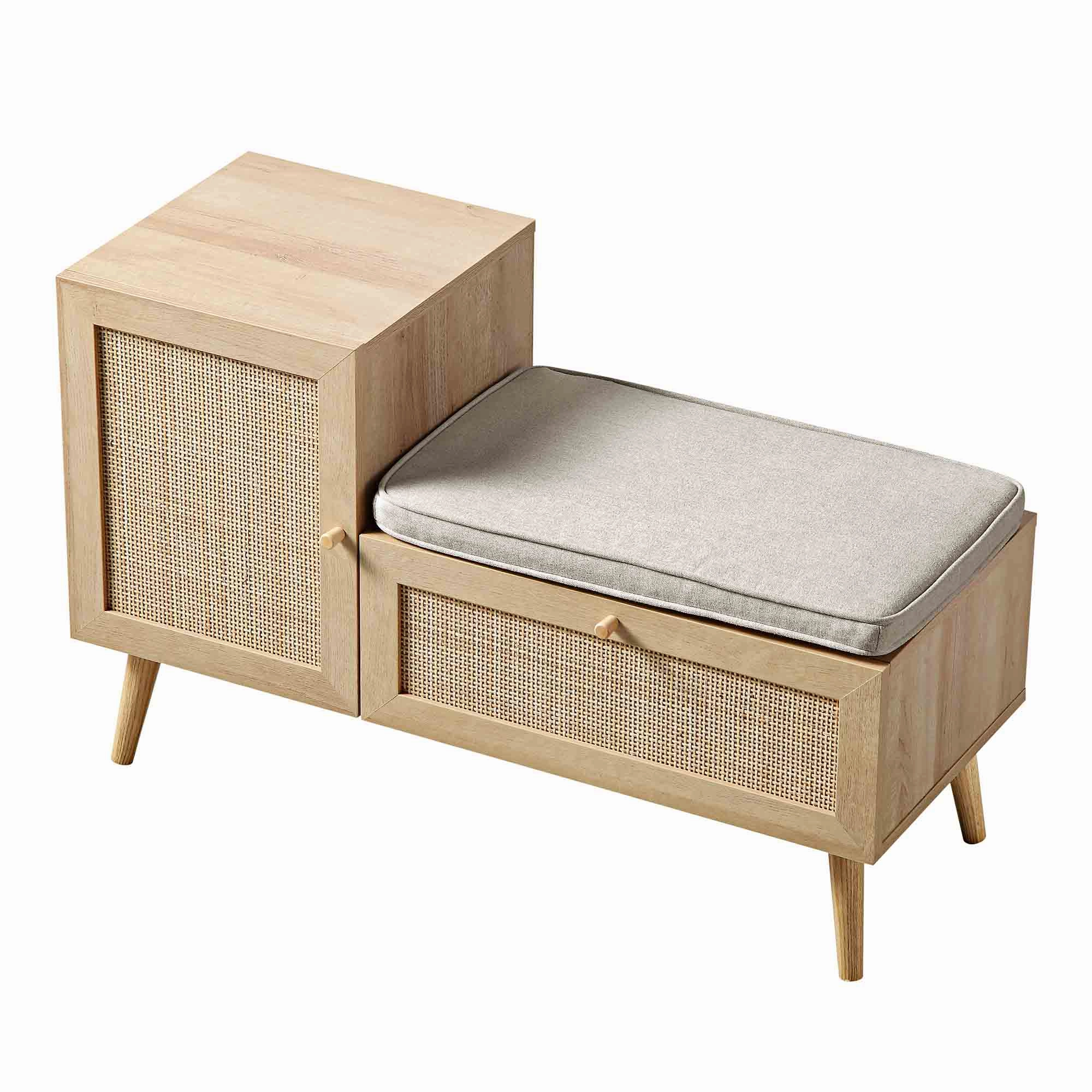 Frances Woven Rattan Storage Bench with Cushion, Natural