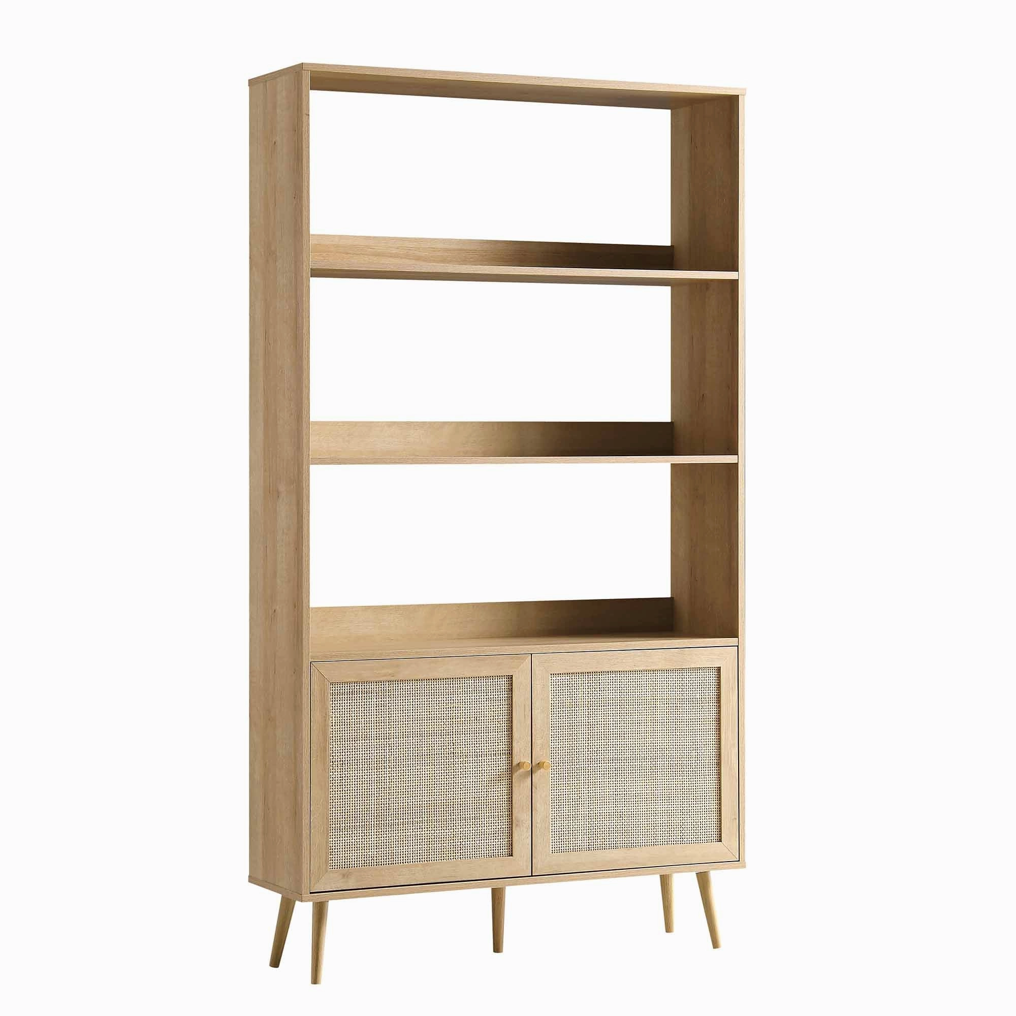 Frances Woven Rattan Tall Bookcase with Doors, Natural