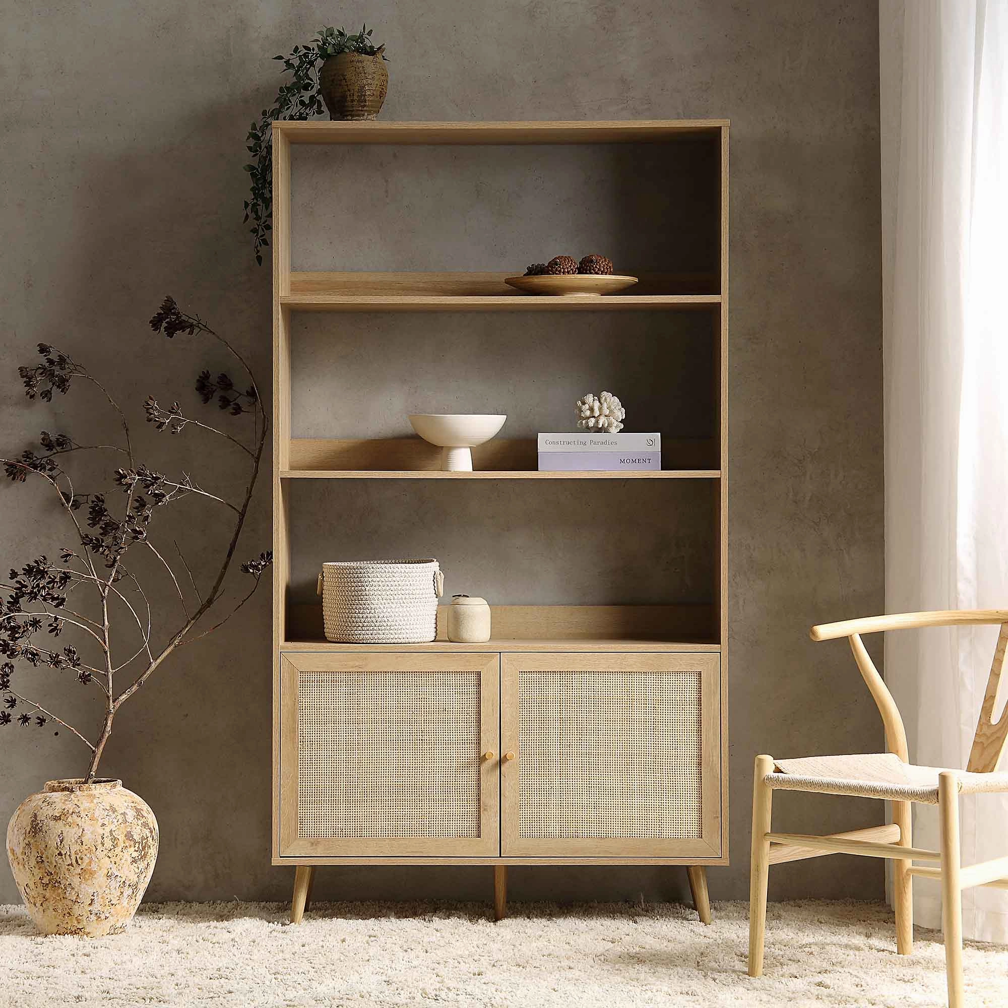Frances Woven Rattan Tall Bookcase with Doors, Natural
