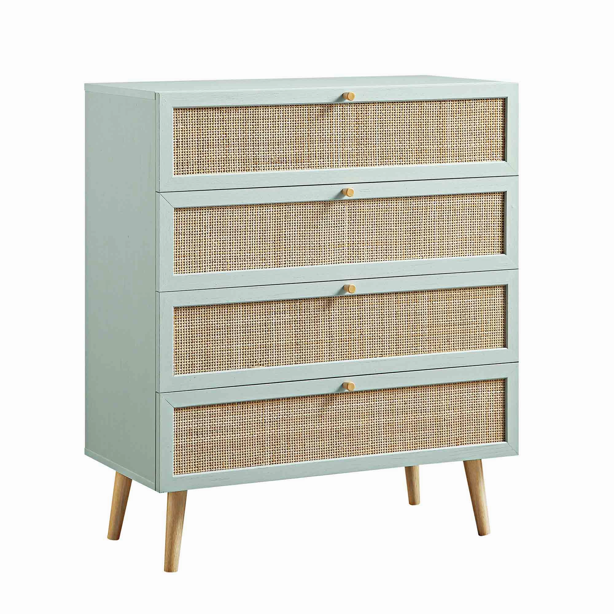 Frances Woven Rattan Tall Chest of 4 Drawers, Mint