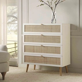 Frances Woven Rattan Tall Chest of 4 Drawers, White