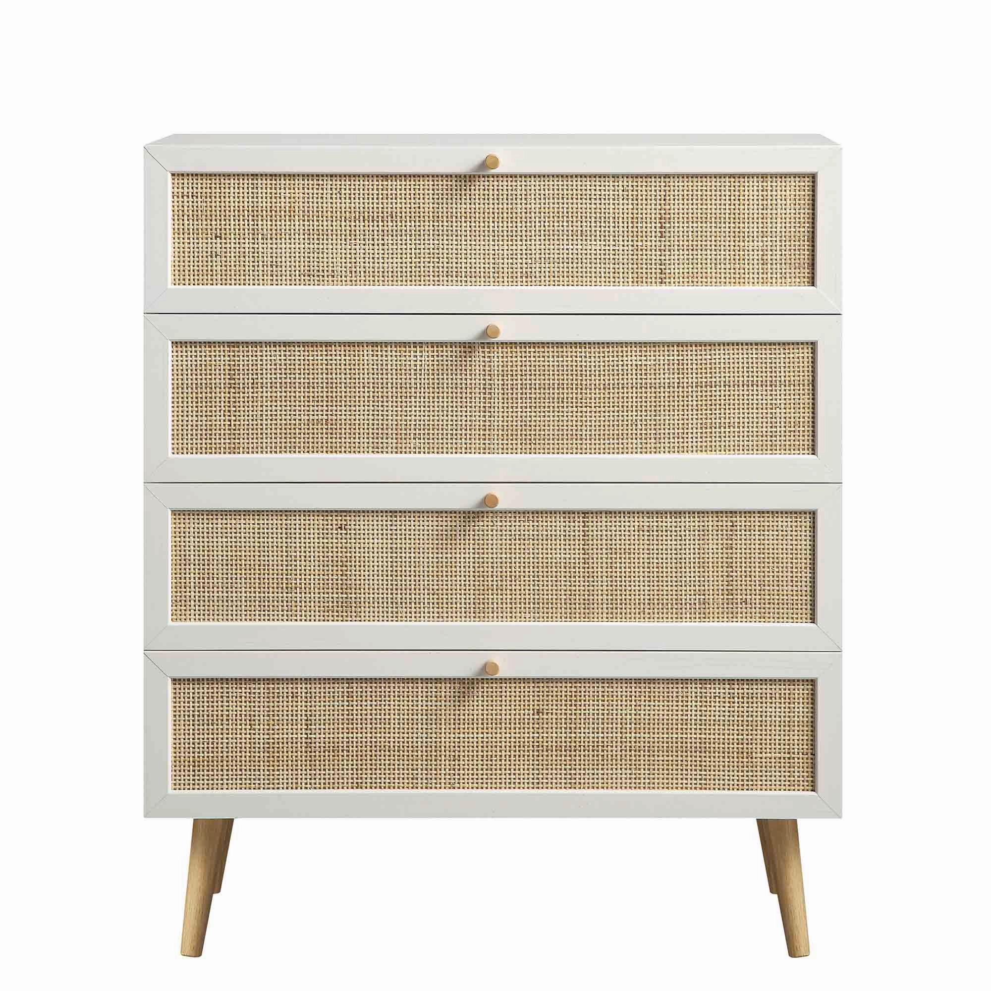 Frances Woven Rattan Tall Chest of 4 Drawers, White