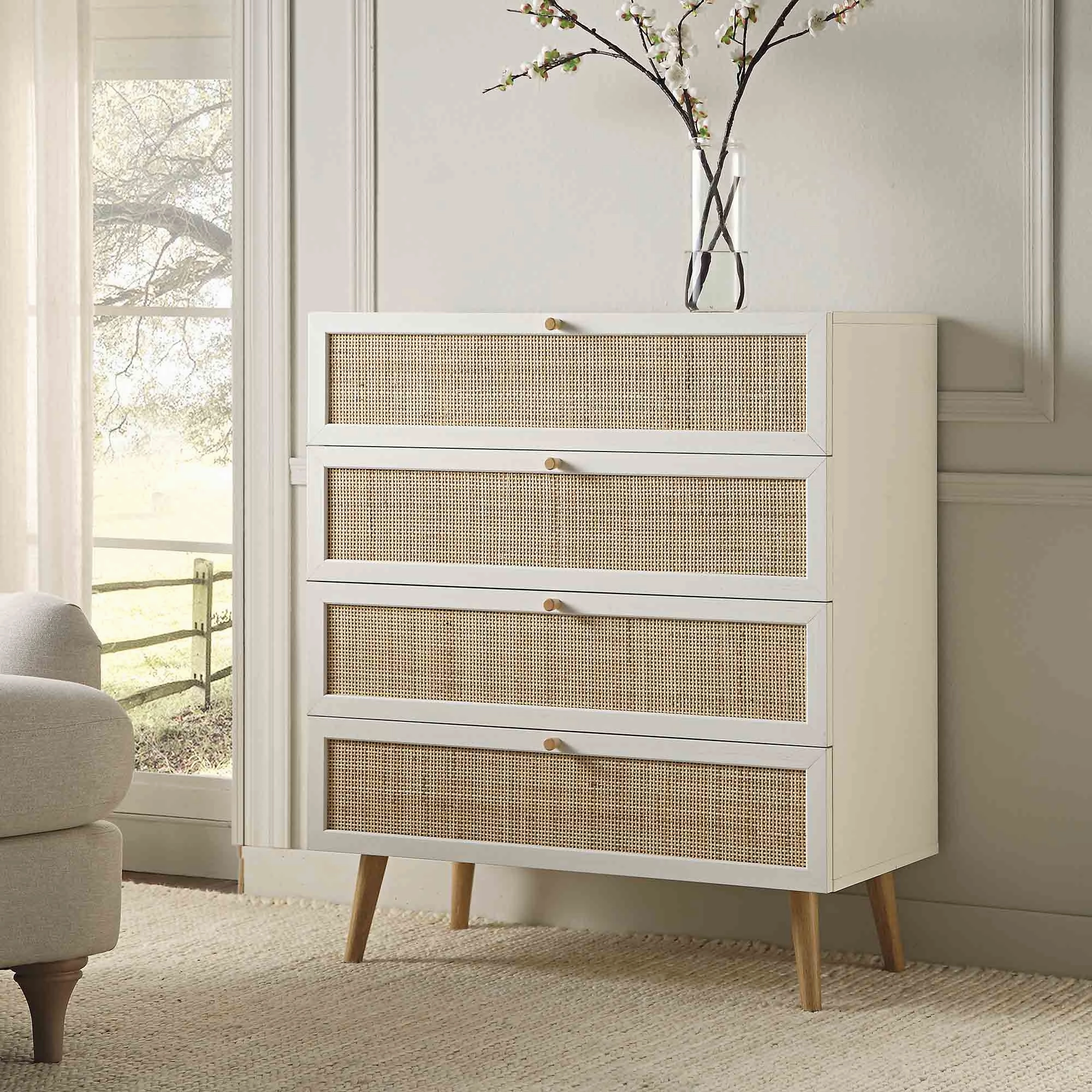 Frances Woven Rattan Tall Chest of 4 Drawers, White