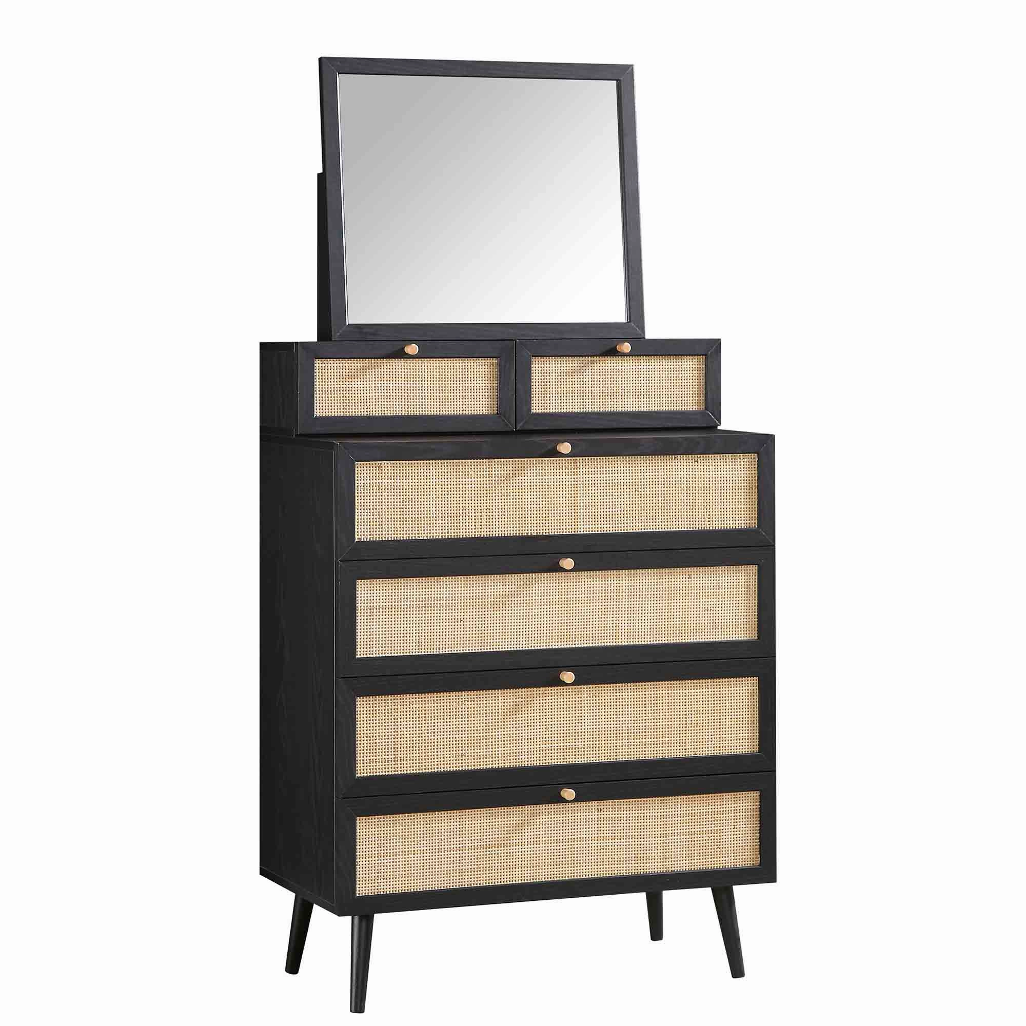 Frances Woven Rattan Tall Vanity Chest with Mirror, Black