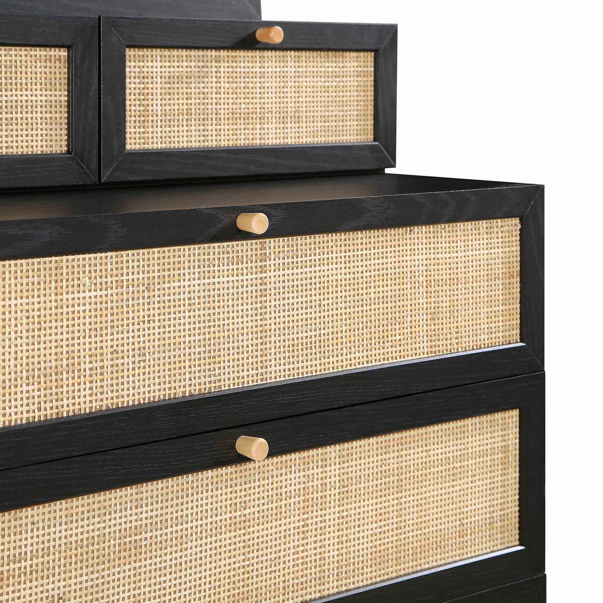 Frances Woven Rattan Tall Vanity Chest with Mirror, Black