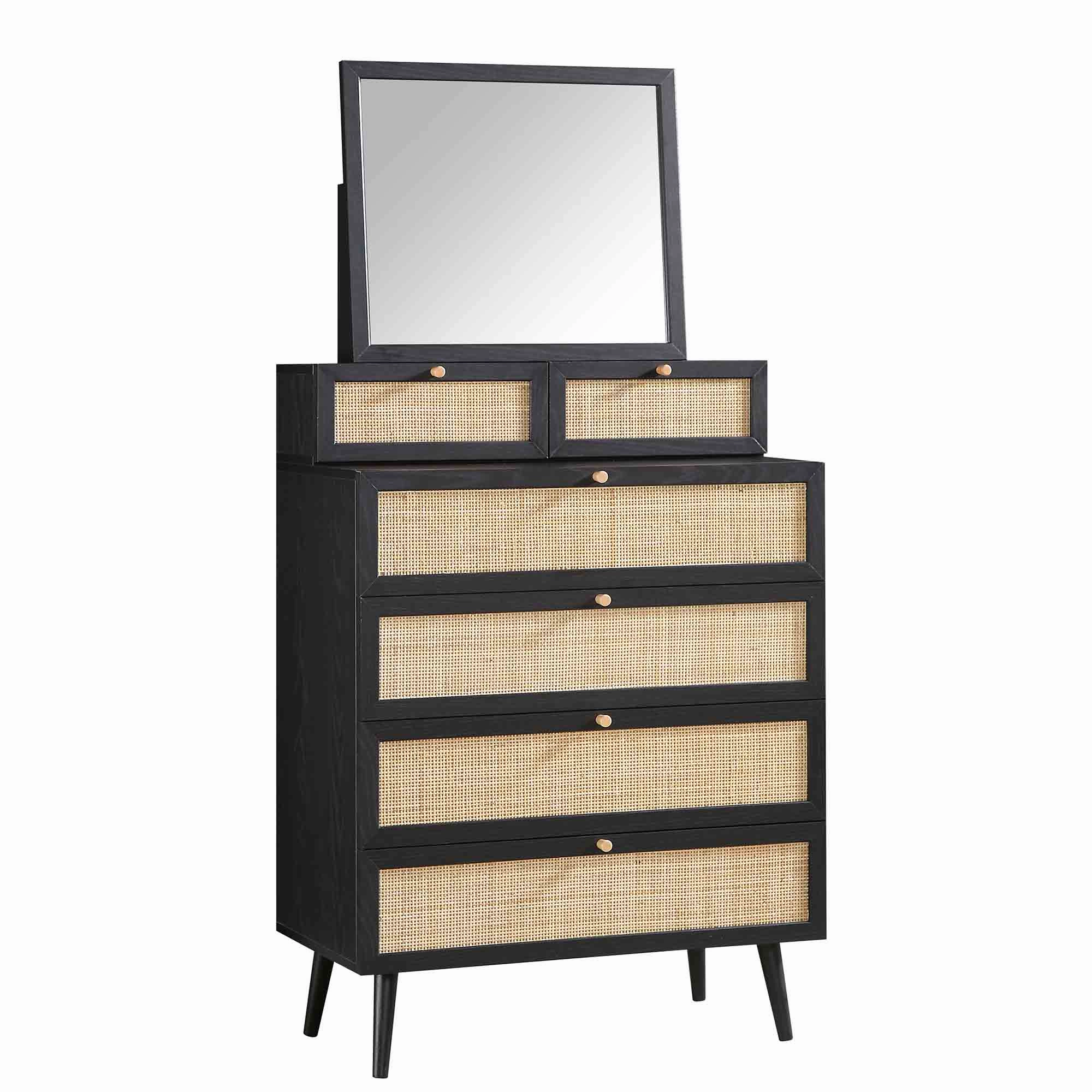 Frances Woven Rattan Tall Vanity Chest with Mirror, Black