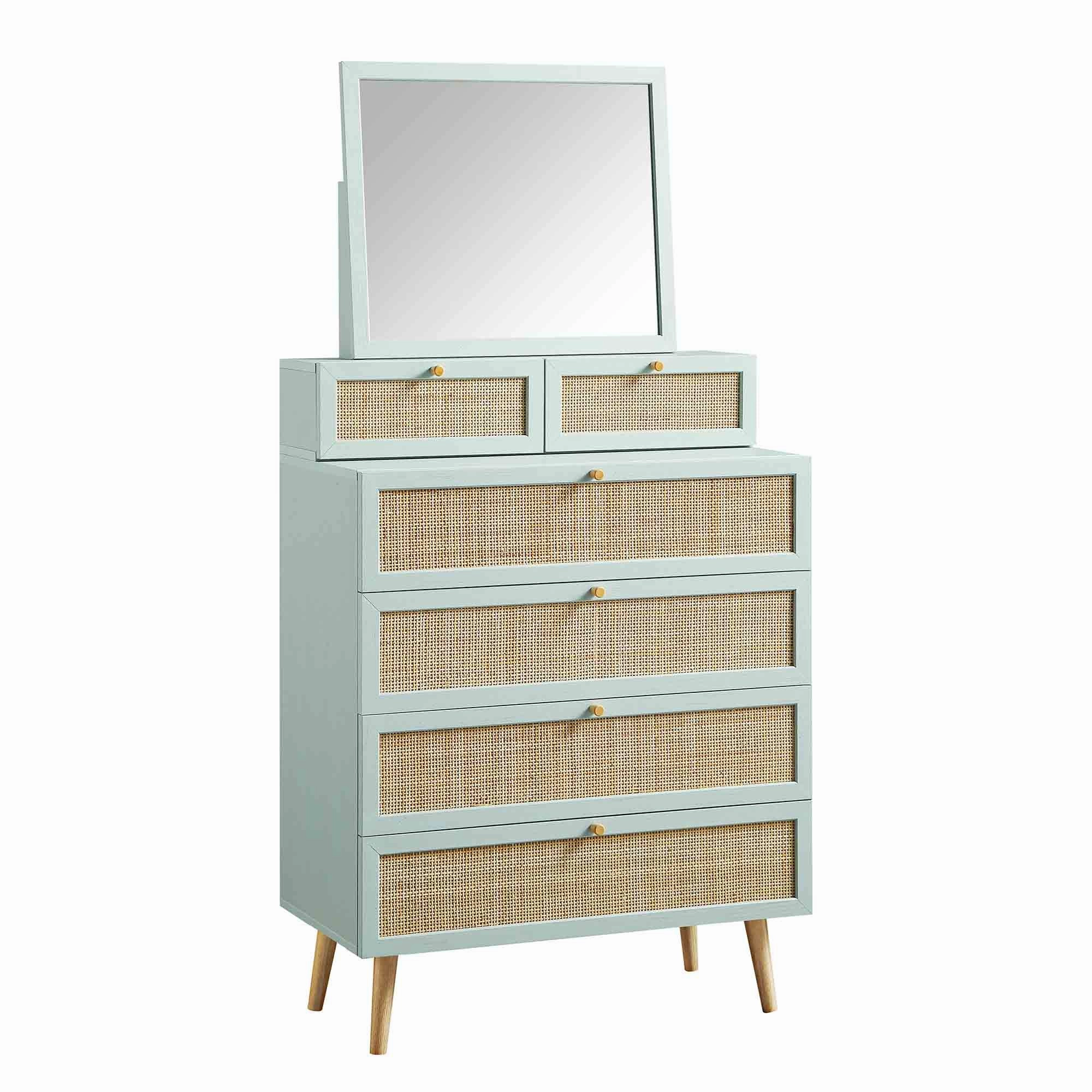 Frances Woven Rattan Tall Vanity Chest with Mirror, Mint