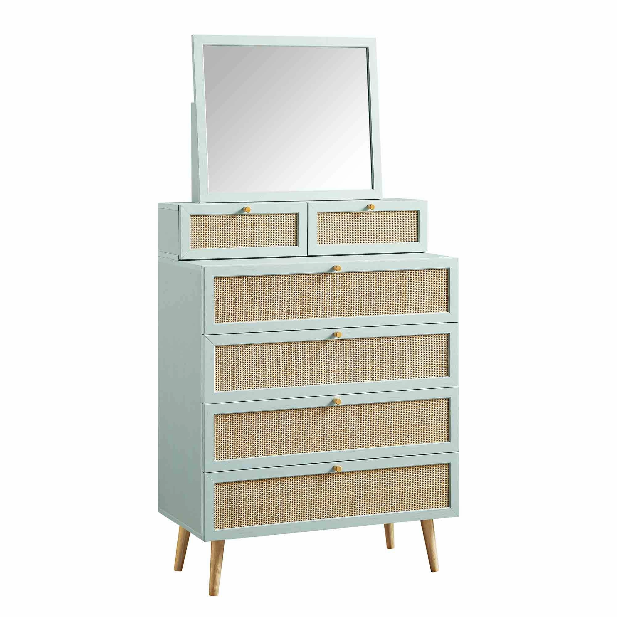 Frances Woven Rattan Tall Vanity Chest with Mirror, Mint