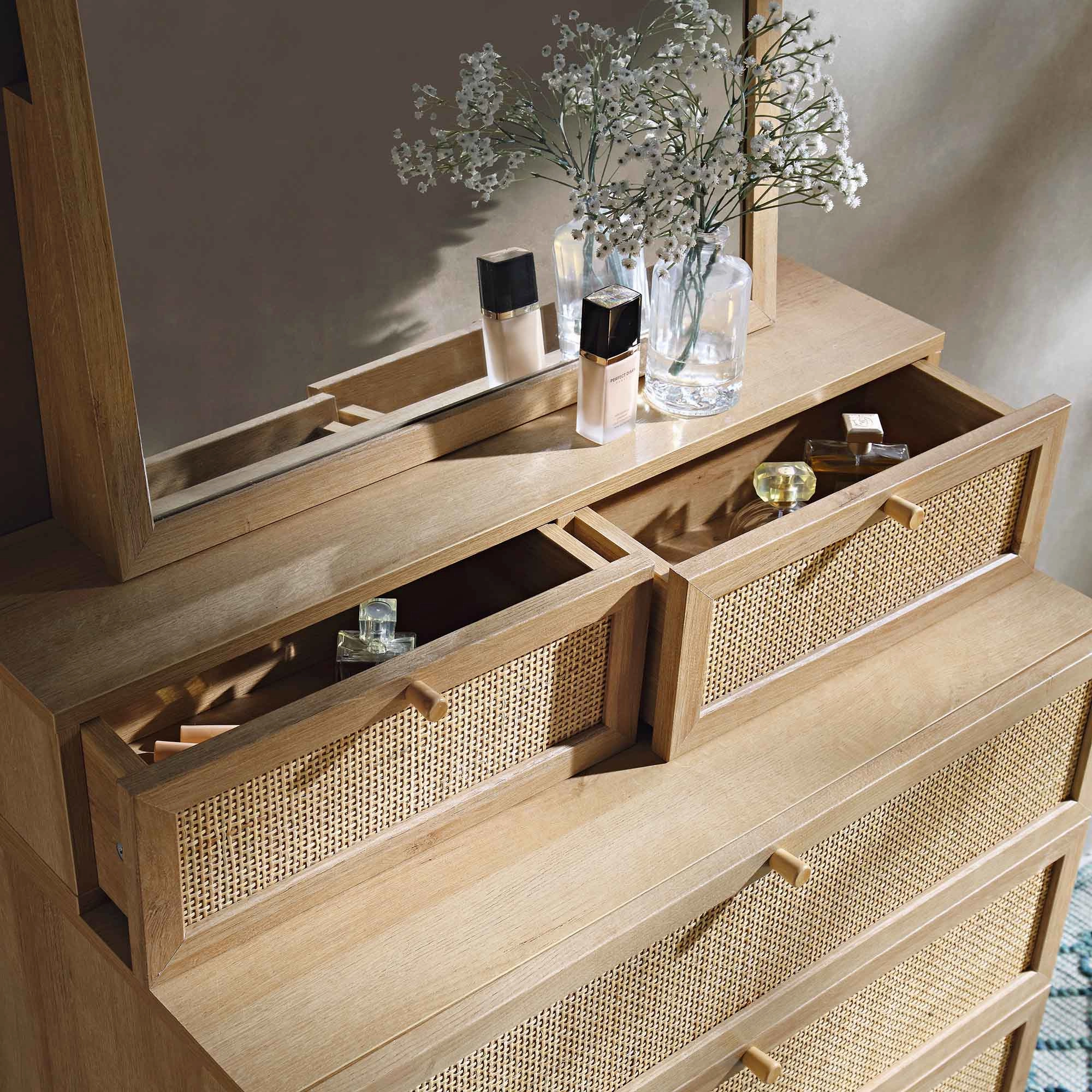 Frances Woven Rattan Tall Vanity Chest with Mirror, Natural