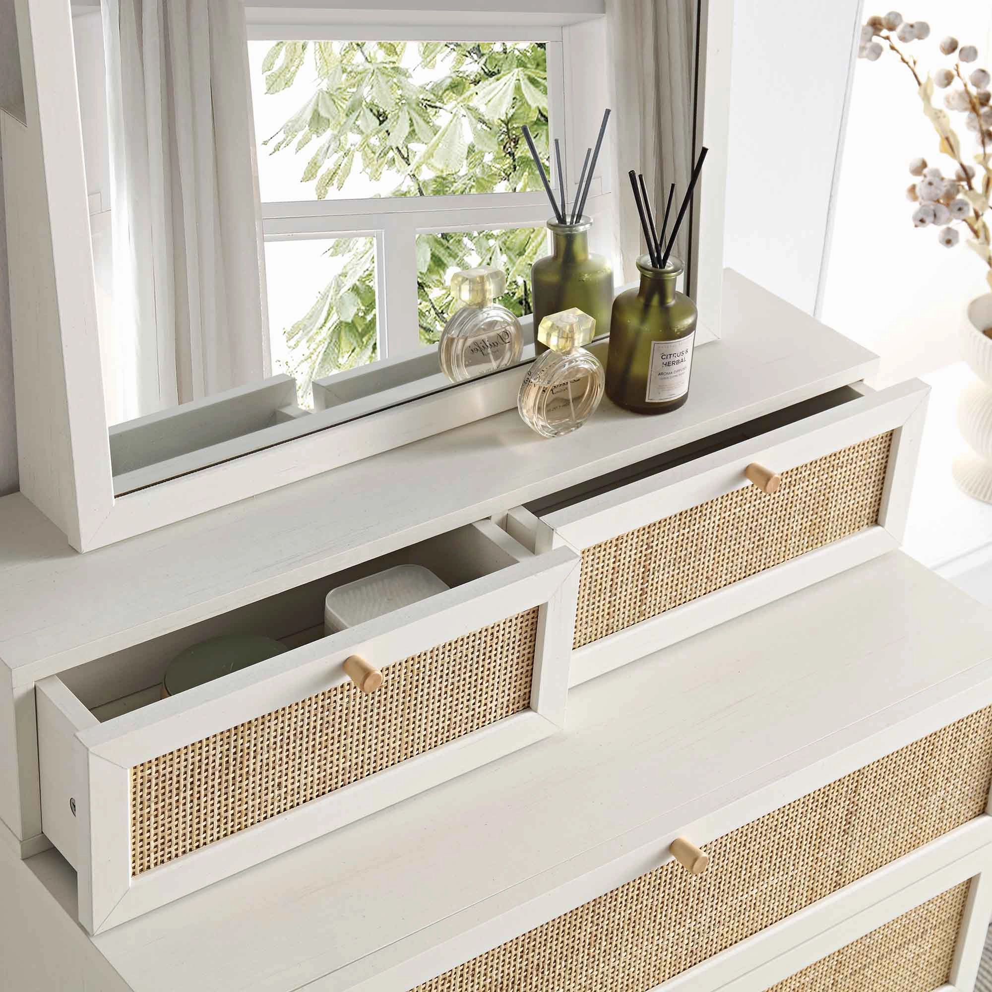 Frances Woven Rattan Tall Vanity Chest with Mirror, White