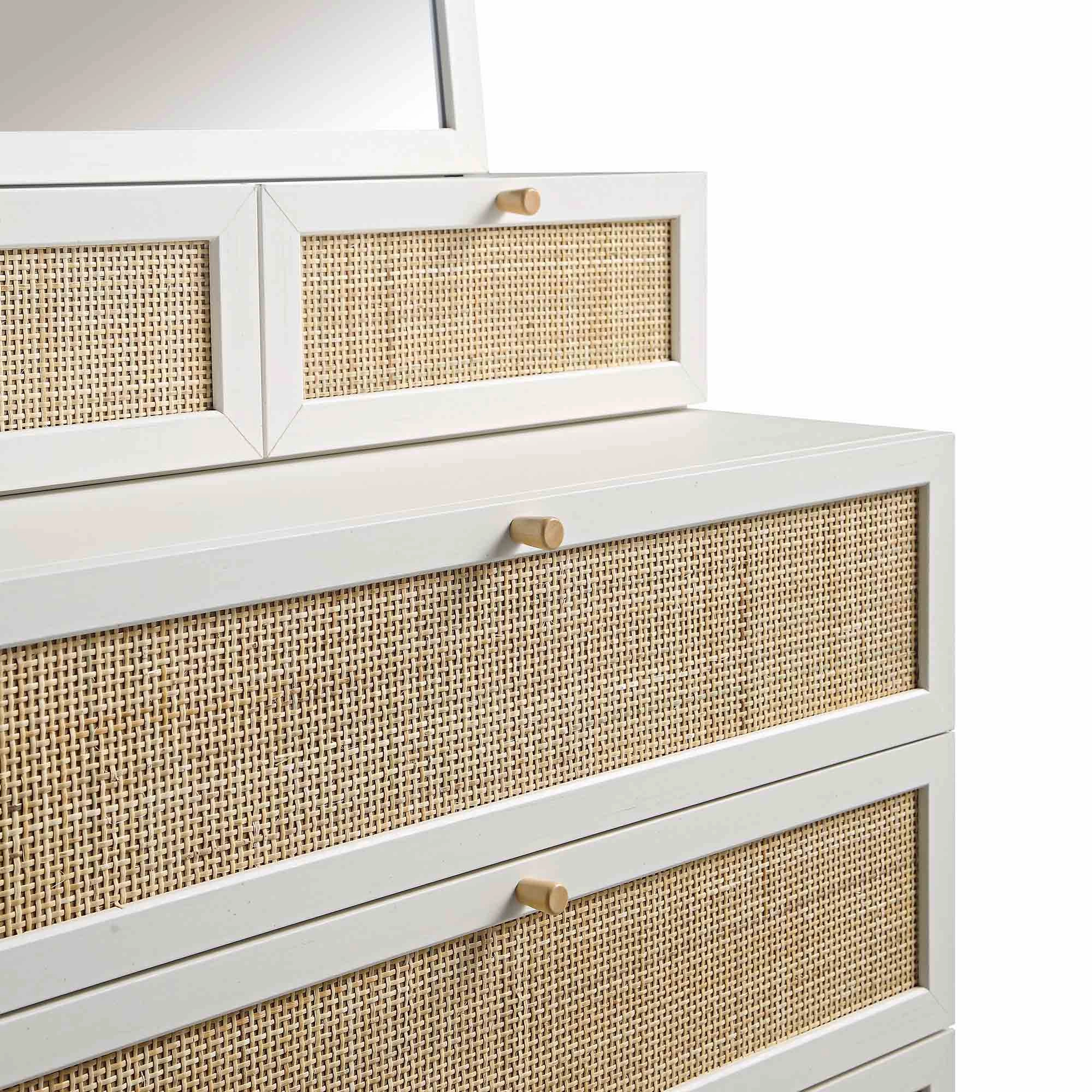 Frances Woven Rattan Tall Vanity Chest with Mirror, White