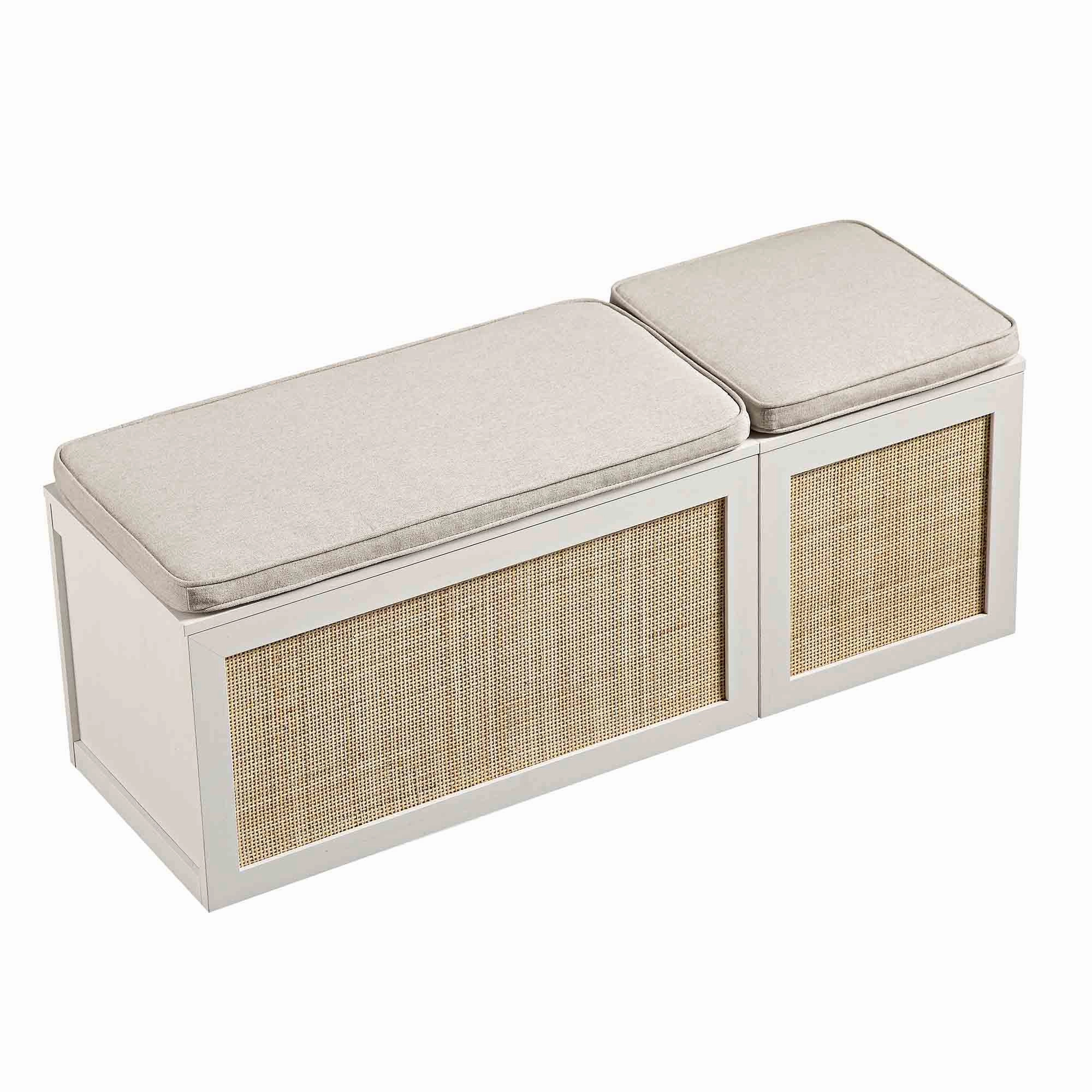 Frances Woven Rattan Triple Storage Stool Set with Cushion, White