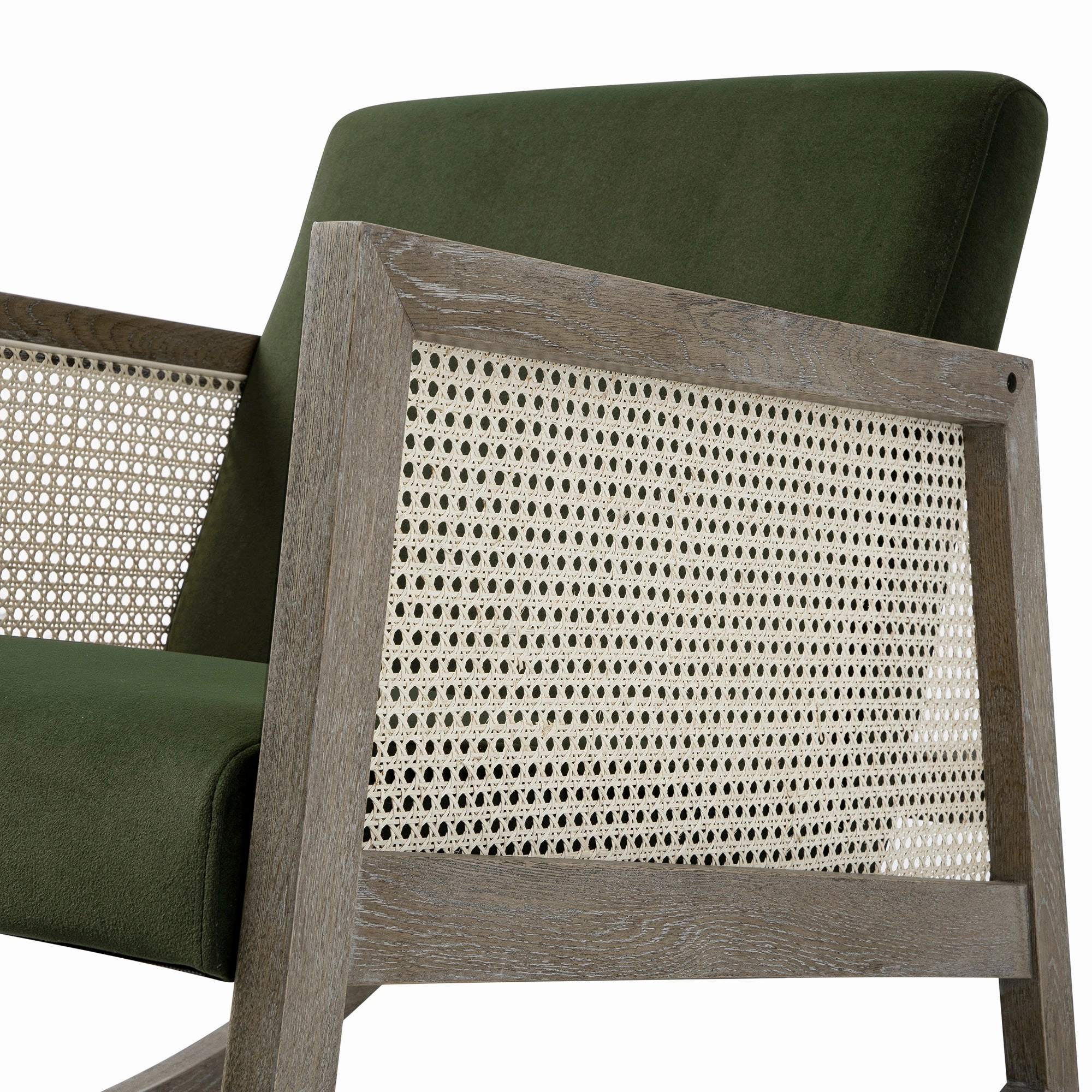 Fyne Moss Green Velvet Rocking Weathered Oak Armchair with Rattan Armrests