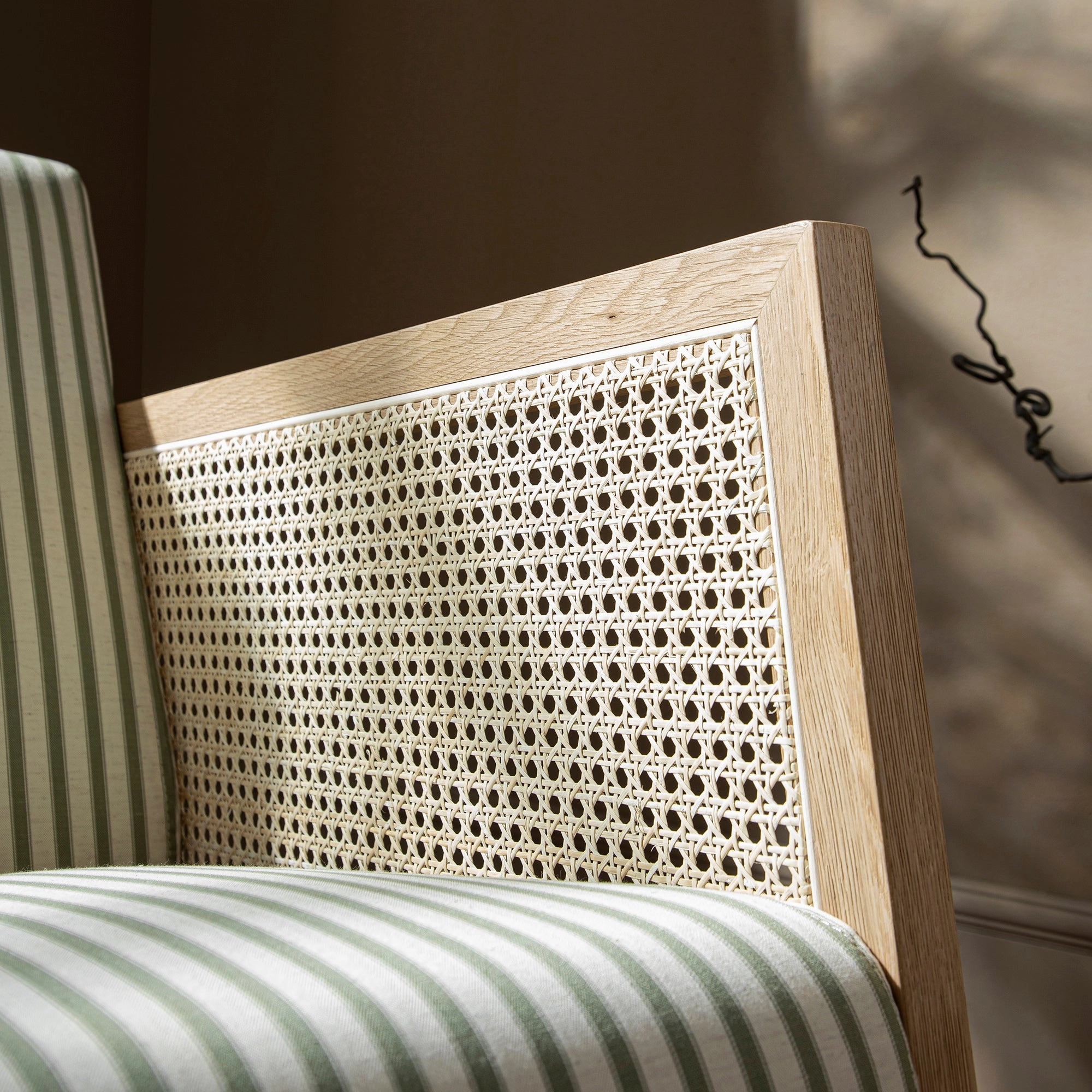 Fyne Sage Striped Linen Blend Natural Oak Armchair with Rattan Armrests