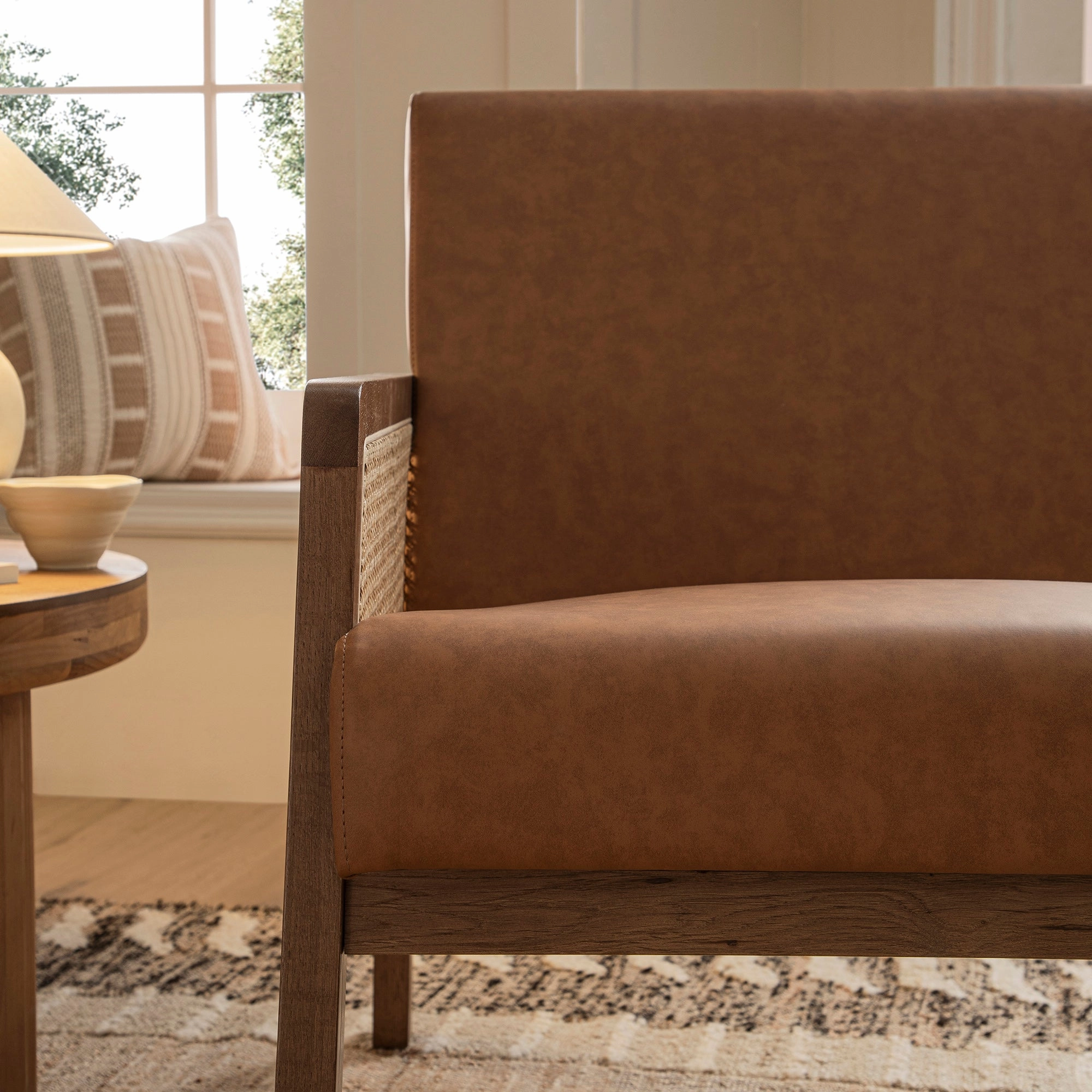Fyne Tan Faux Leather Light Walnut Frame Rattan Armchair