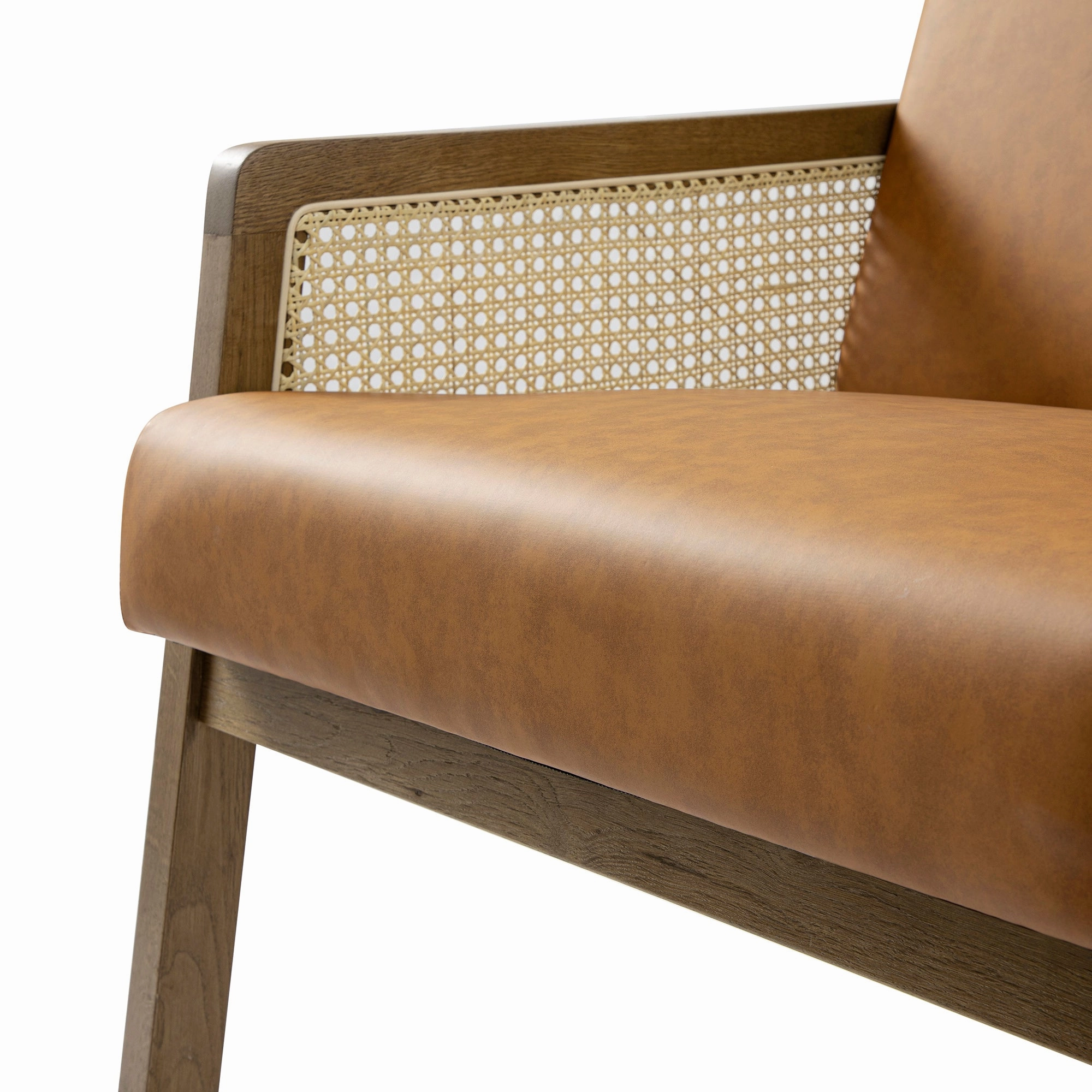 Fyne Tan Faux Leather Light Walnut Frame Rattan Armchair