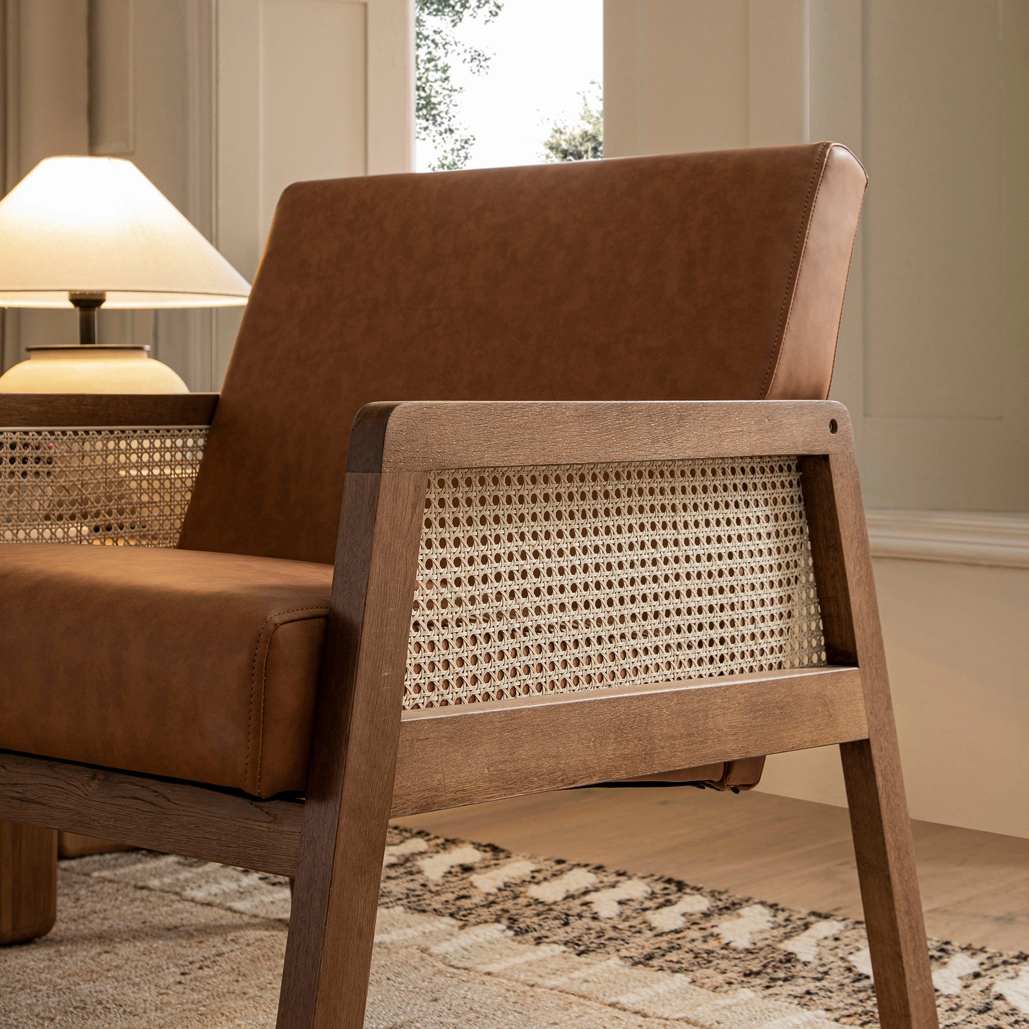 Fyne Tan Faux Leather Light Walnut Frame Rattan Armchair