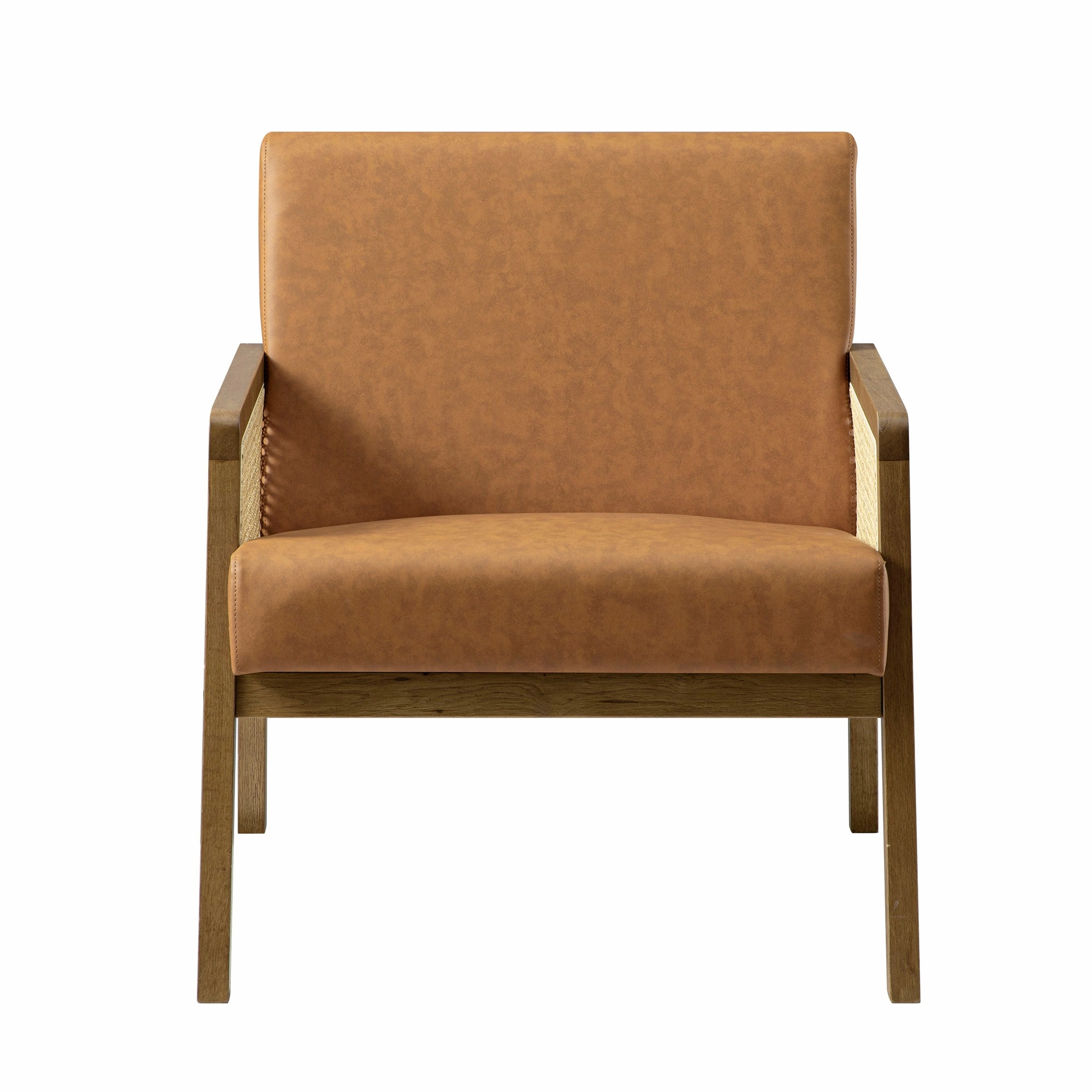 Fyne Tan Faux Leather Light Walnut Frame Rattan Armchair