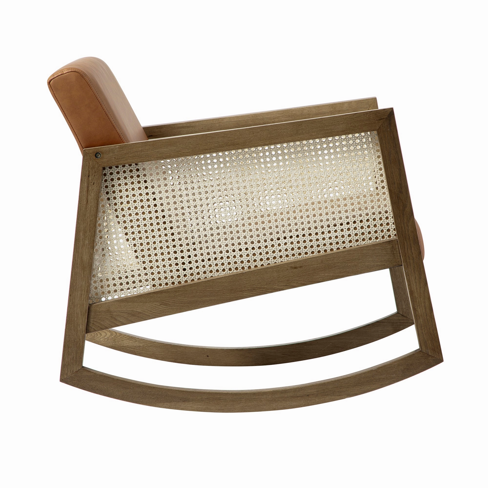 Fyne Tan Faux Leather Rocking Light Walnut Armchair with Rattan Armrests