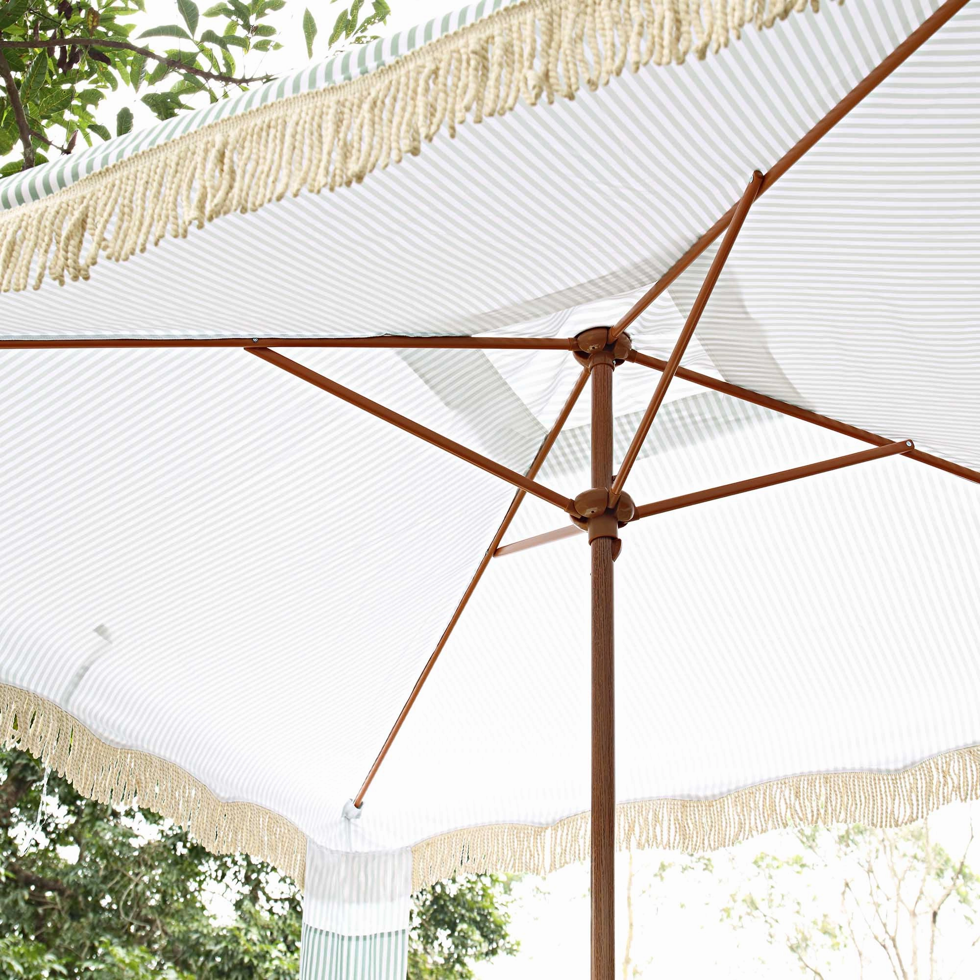 Gabriel Sage Green and White Striped Fringed Cabana