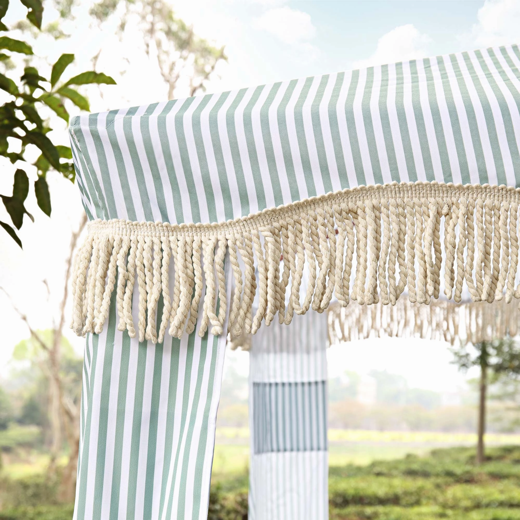 Gabriel Sage Green and White Striped Fringed Cabana