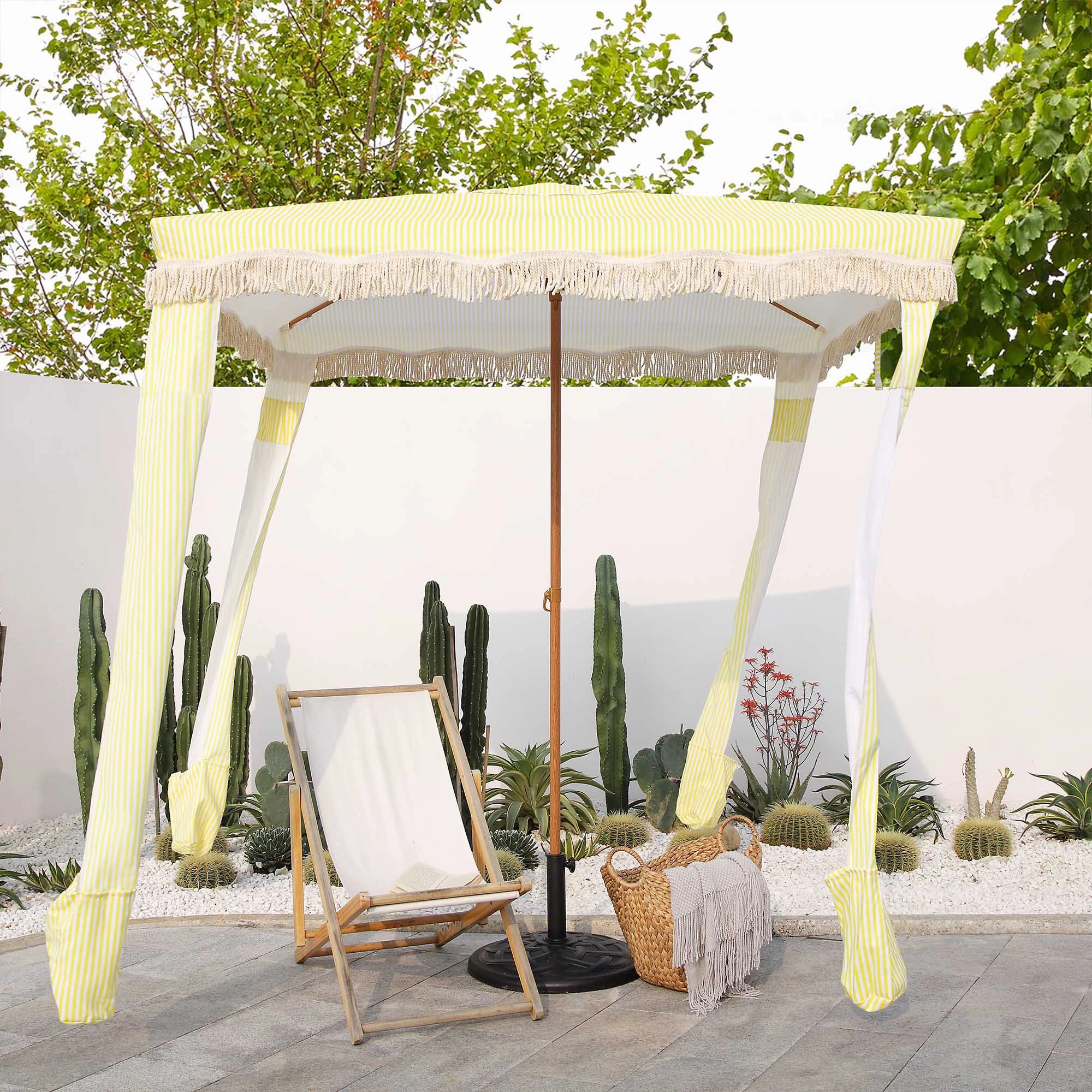 Gabriel Yellow and White Striped Fringed Cabana
