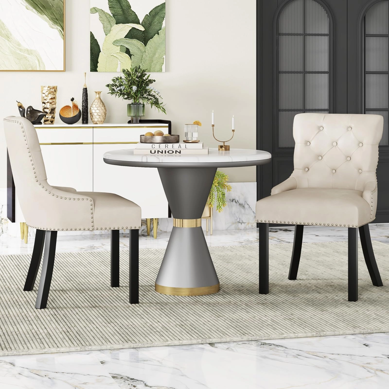 Gianex Upholstered Dining Chairs Set, Wood Wingback Accent Chairs w/Rubber Wood Legs & Nailhead Button Tufted Back
